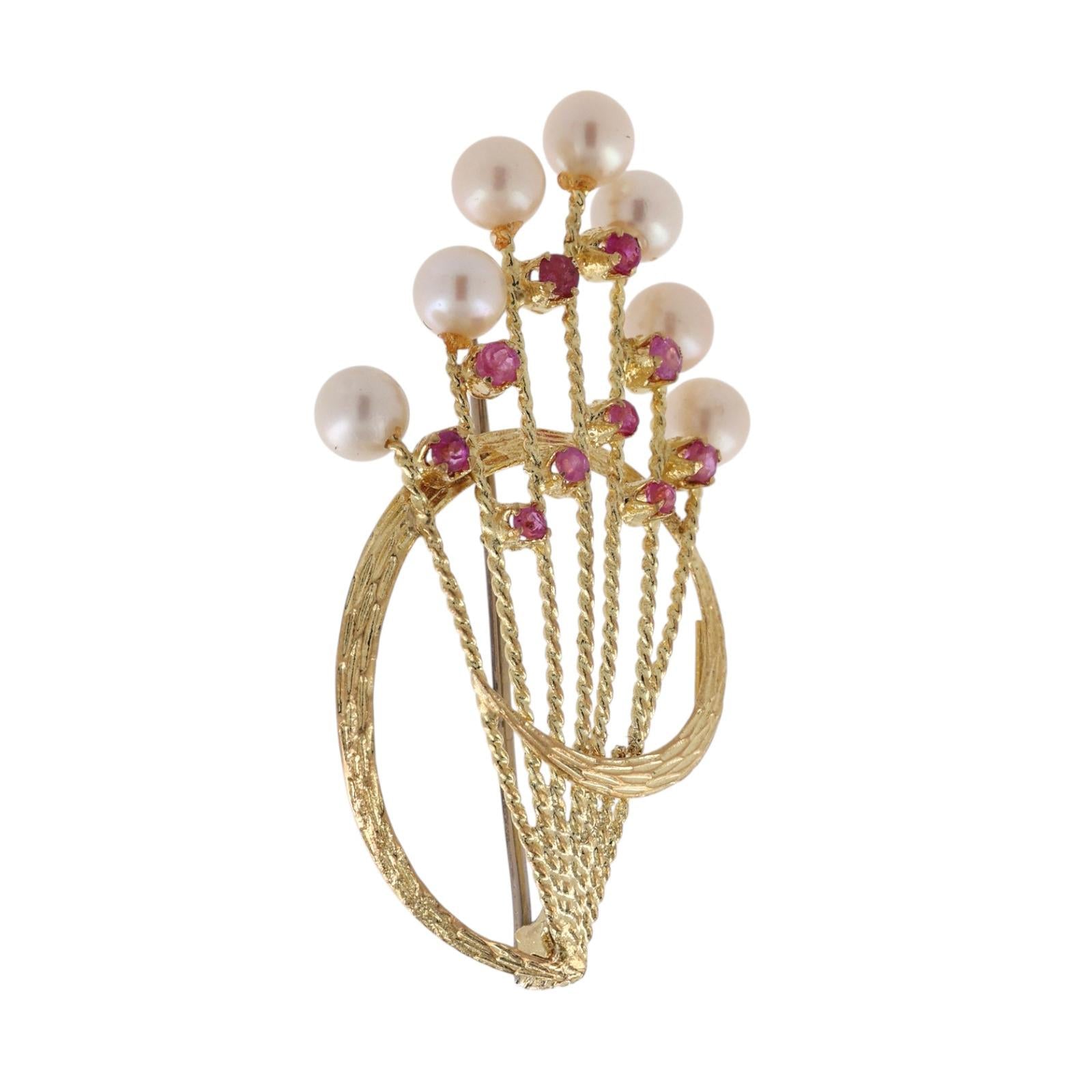 Ruby Freshwater Pearl Floral Bouquet Brooch Pin 18K Yellow Gold 608AL