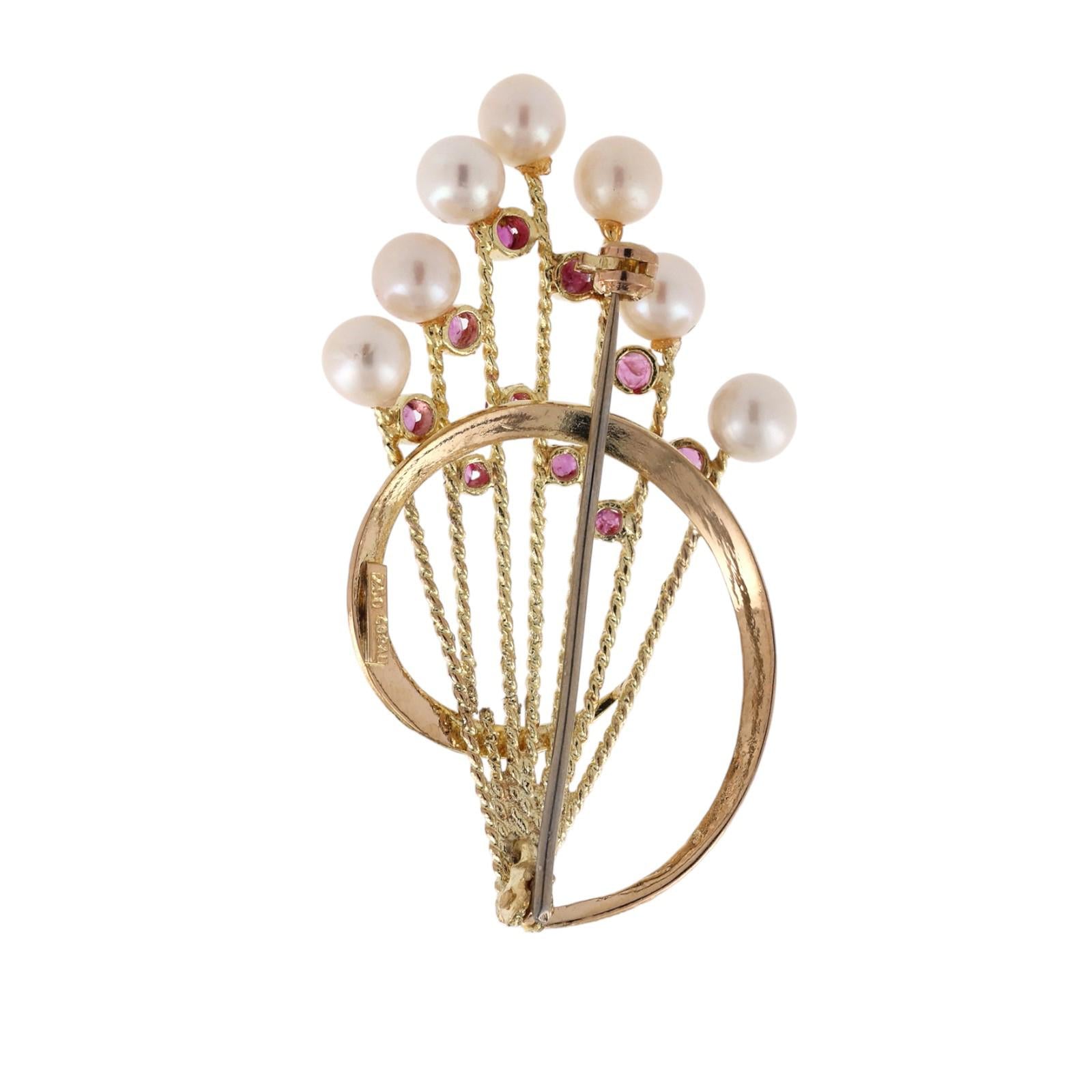 Ruby Freshwater Pearl Floral Bouquet Brooch Pin 18K Yellow Gold 608AL
