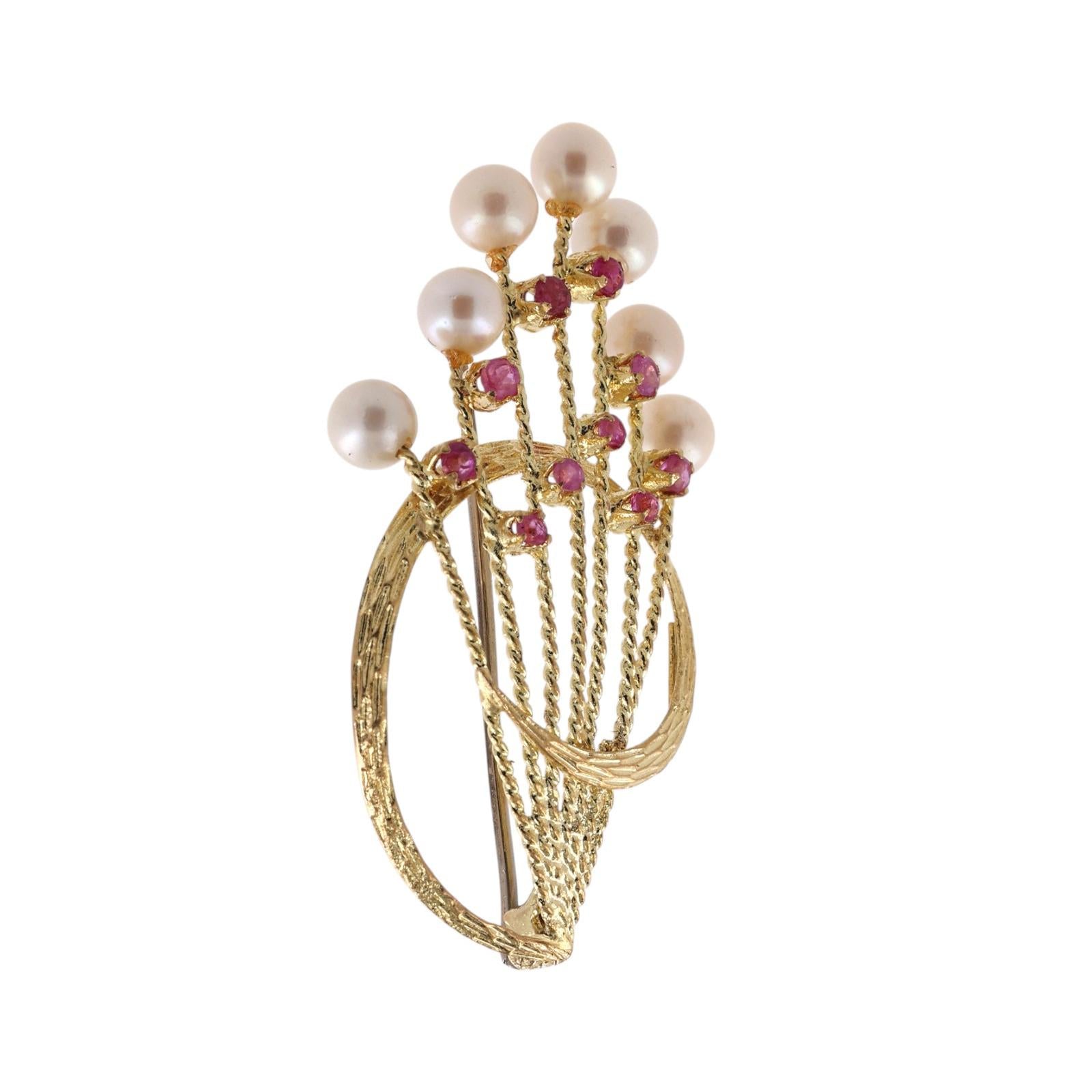 Ruby Freshwater Pearl Floral Bouquet Brooch Pin 18K Yellow Gold 608AL