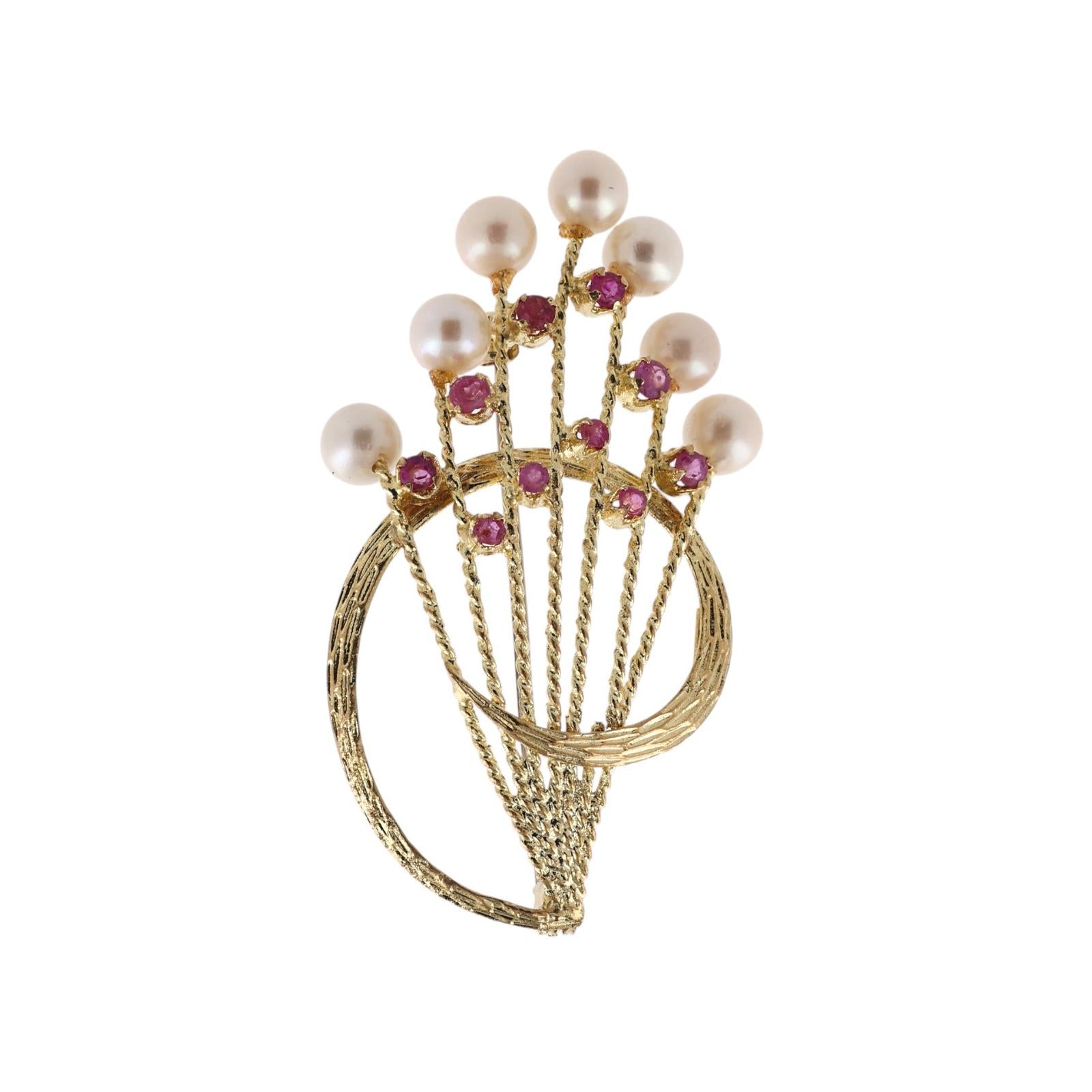 Ruby Freshwater Pearl Floral Bouquet Brooch Pin 18K Yellow Gold 608AL