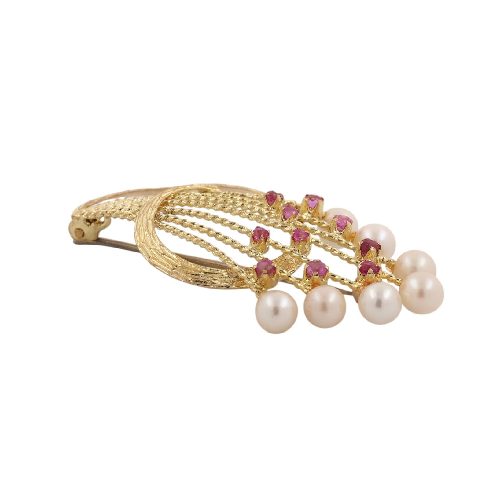 Ruby Freshwater Pearl Floral Bouquet Brooch Pin 18K Yellow Gold 608AL