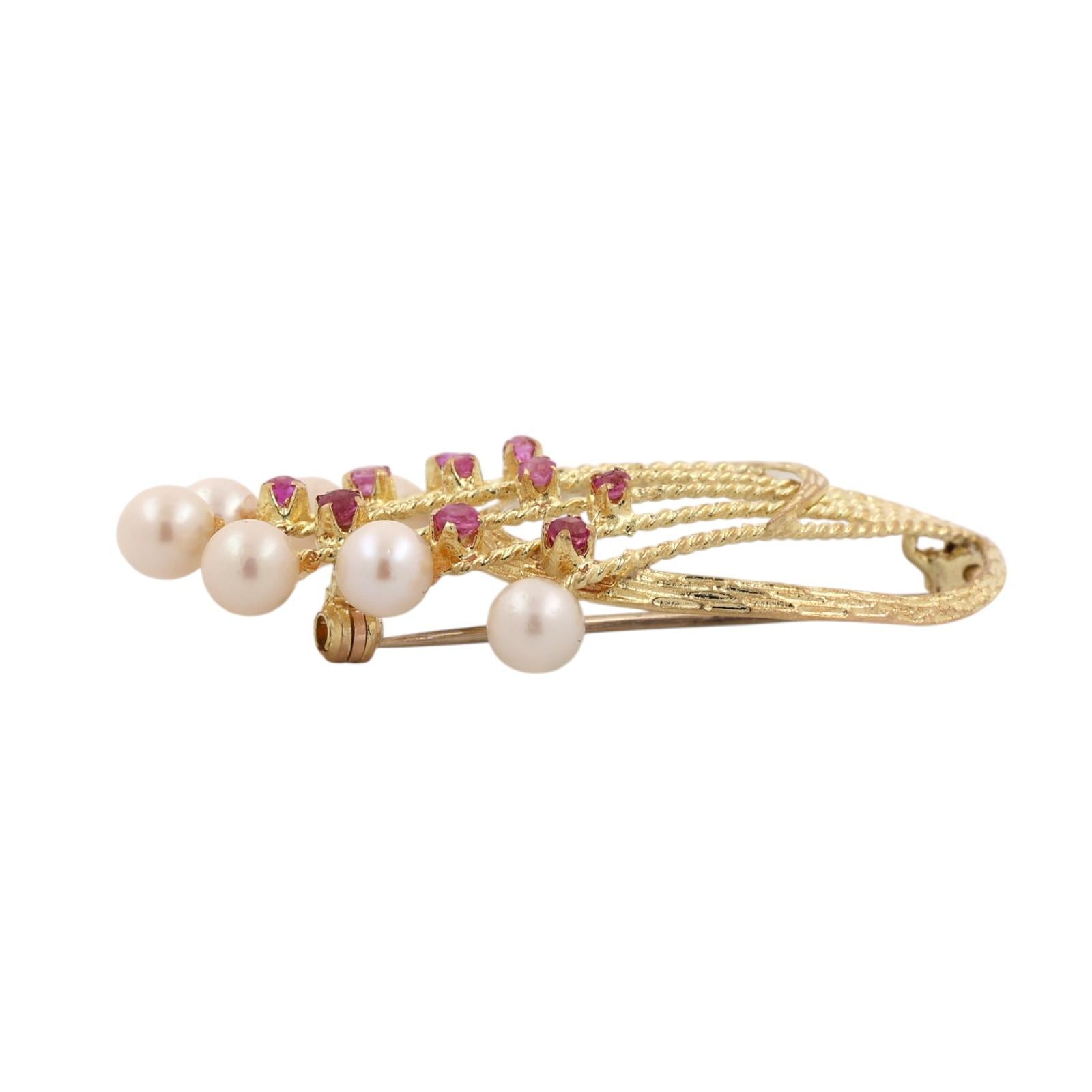 Ruby Freshwater Pearl Floral Bouquet Brooch Pin 18K Yellow Gold 608AL