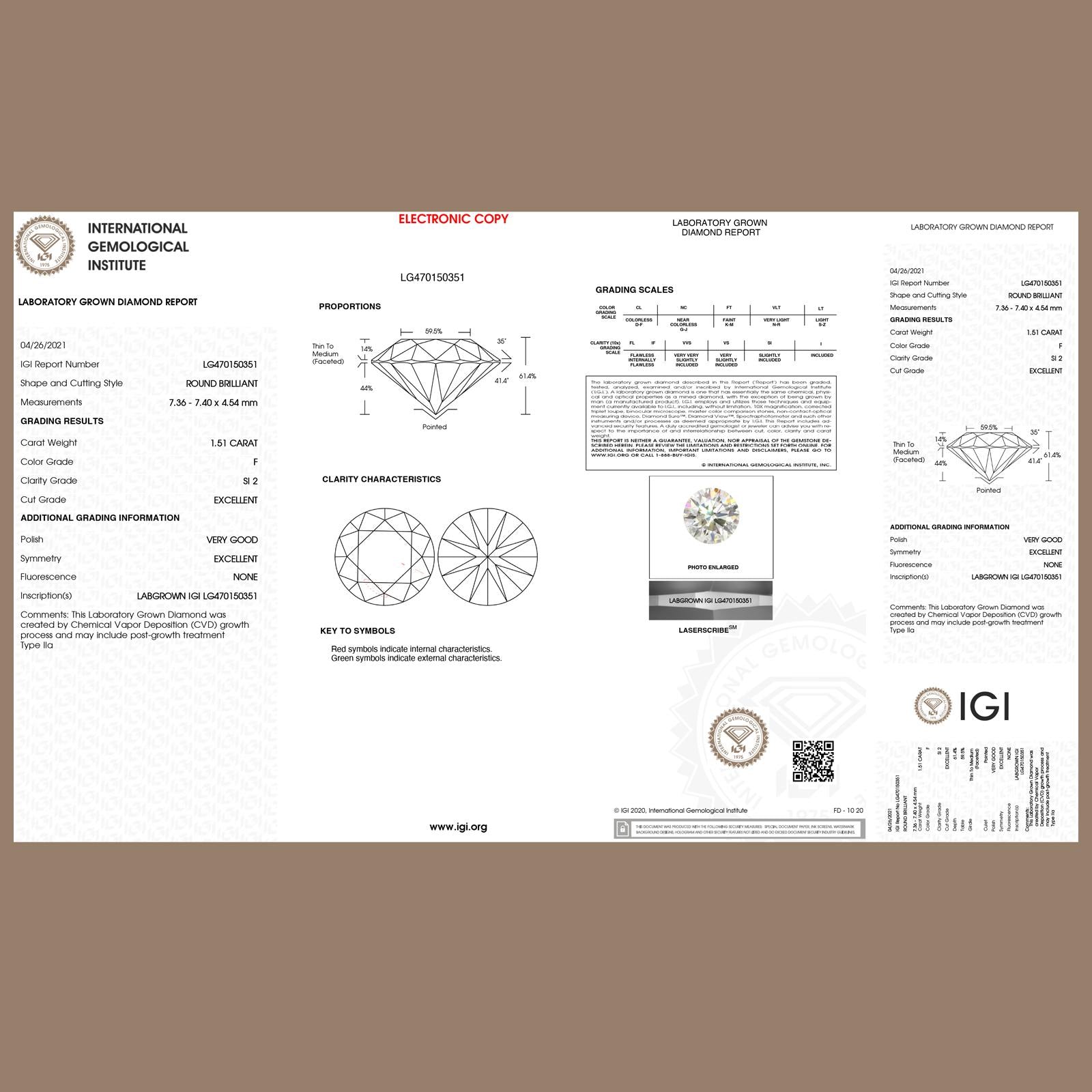 1.51CT F/SI2 IGI Lab Grown Diamond Bridal Set 14K Yellow Gold Ring Wedding