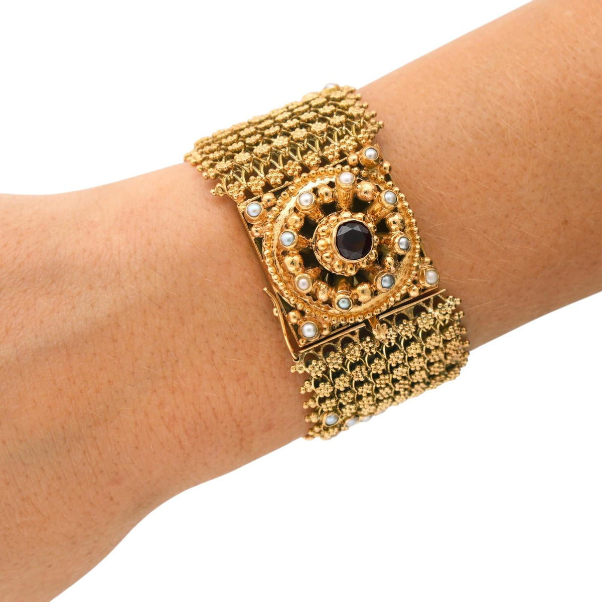 Spritzer & Fuhrmann Garnet Seed Pearl Wide Mesh Bracelet 18K Gold 72.9g Vintage