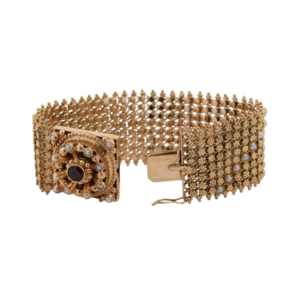 Spritzer & Fuhrmann Garnet Seed Pearl Wide Mesh Bracelet 18K Gold 72.9g Vintage