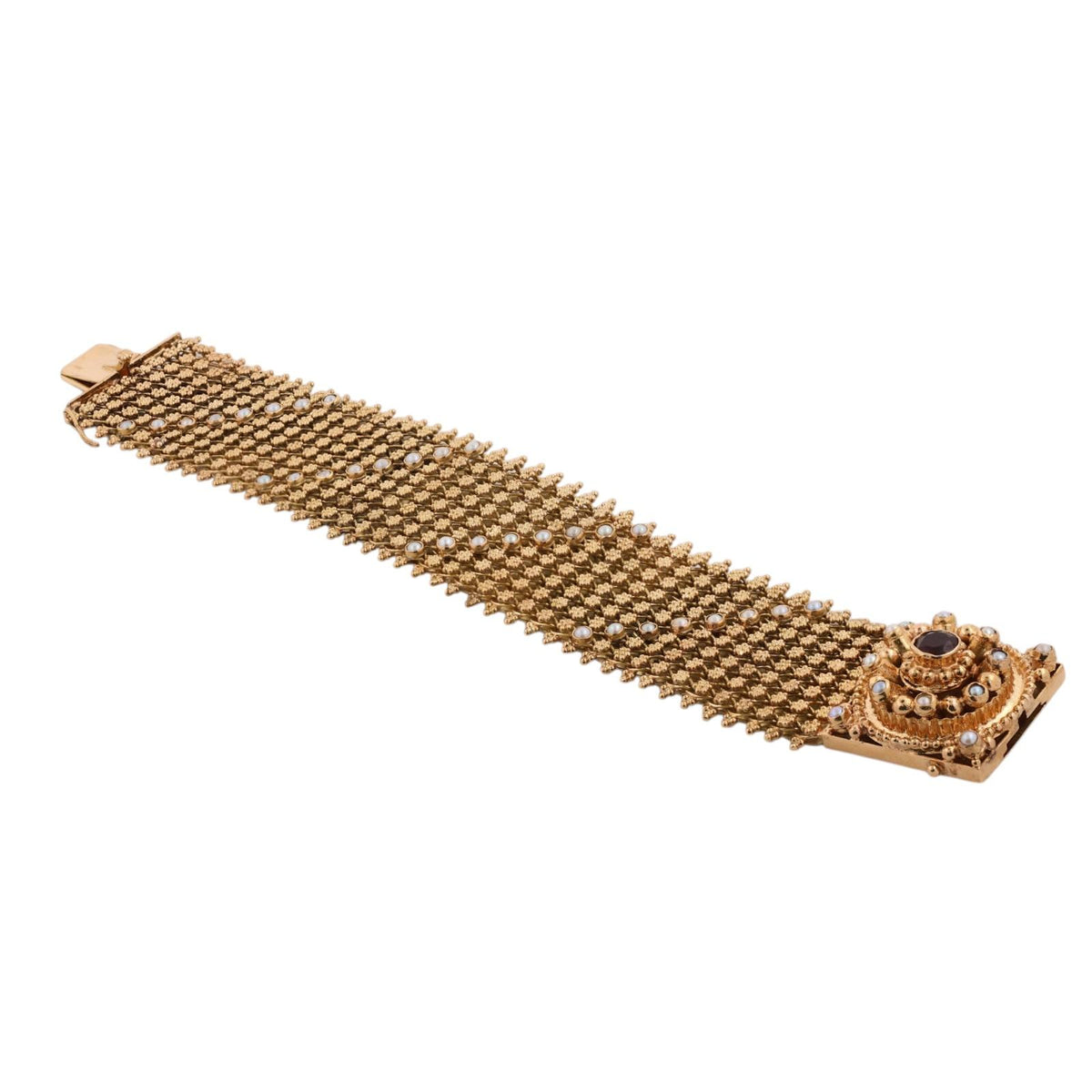 Spritzer & Fuhrmann Garnet Seed Pearl Wide Mesh Bracelet 18K Gold 72.9g Vintage