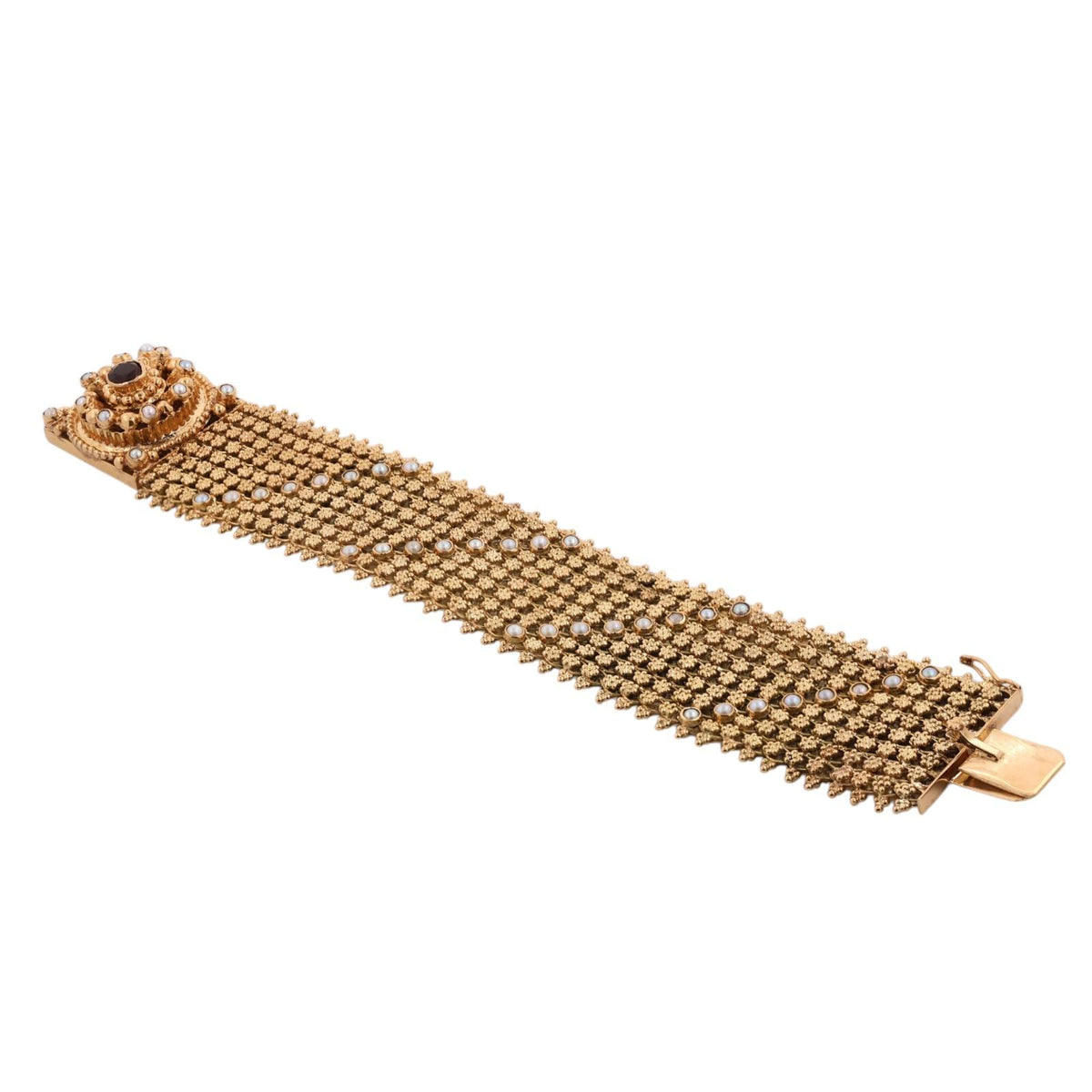 Spritzer & Fuhrmann Garnet Seed Pearl Wide Mesh Bracelet 18K Gold 72.9g Vintage