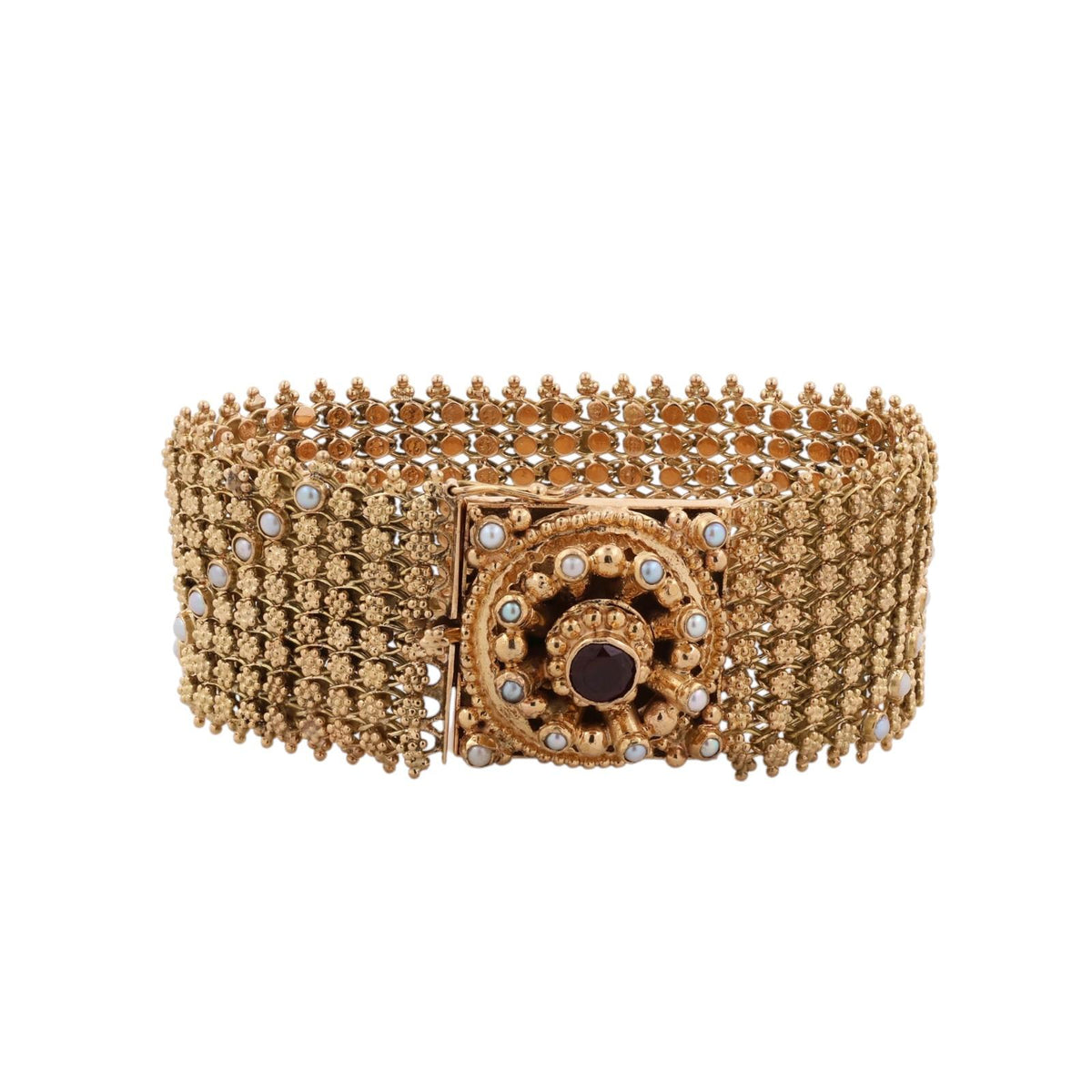 Spritzer & Fuhrmann Garnet Seed Pearl Wide Mesh Bracelet 18K Gold 72.9g Vintage