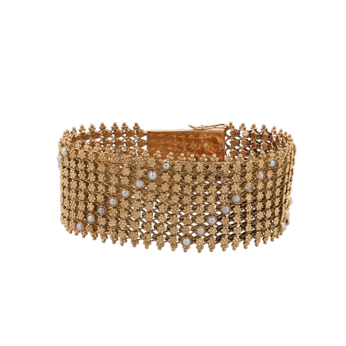 Spritzer & Fuhrmann Garnet Seed Pearl Wide Mesh Bracelet 18K Gold 72.9g Vintage