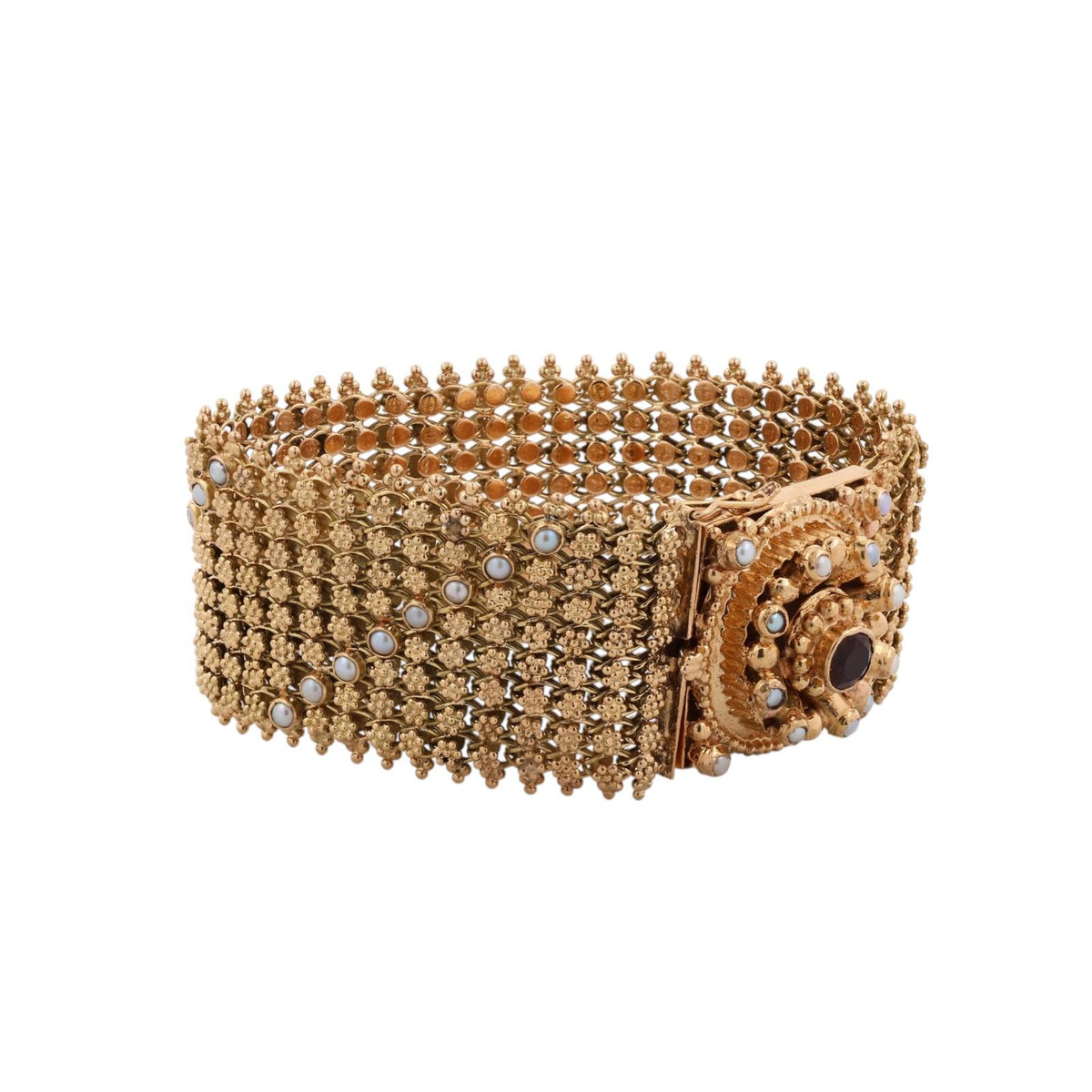 Spritzer & Fuhrmann Garnet Seed Pearl Wide Mesh Bracelet 18K Gold 72.9g Vintage