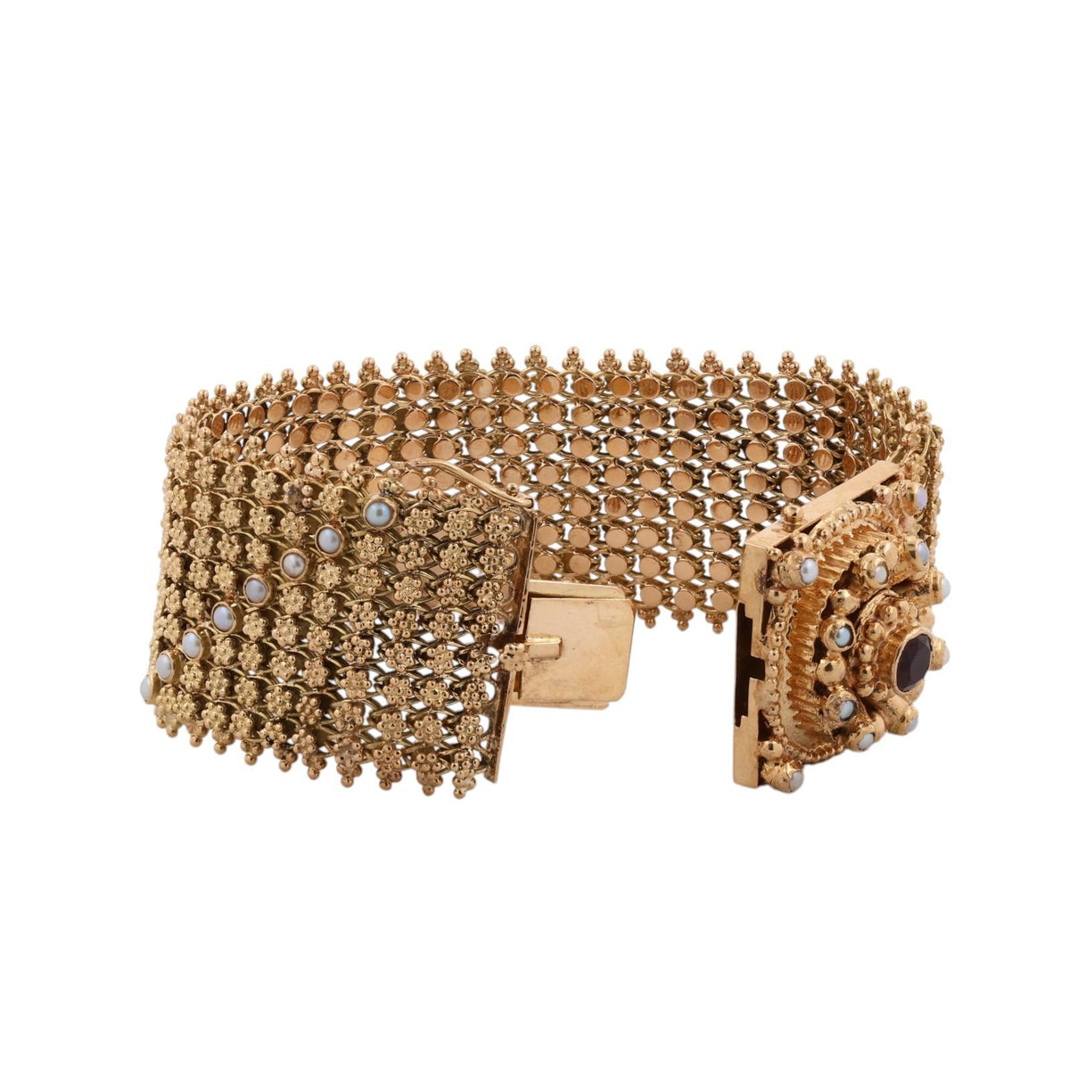 Spritzer & Fuhrmann Garnet Seed Pearl Wide Mesh Bracelet 18K Gold 72.9g Vintage