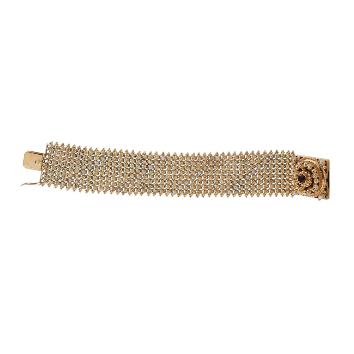 Spritzer & Fuhrmann Garnet Seed Pearl Wide Mesh Bracelet 18K Gold 72.9g Vintage