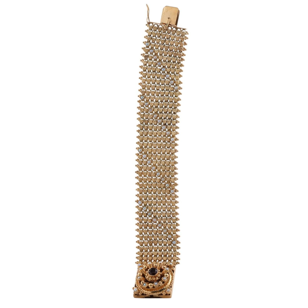 Spritzer & Fuhrmann Garnet Seed Pearl Wide Mesh Bracelet 18K Gold 72.9g Vintage