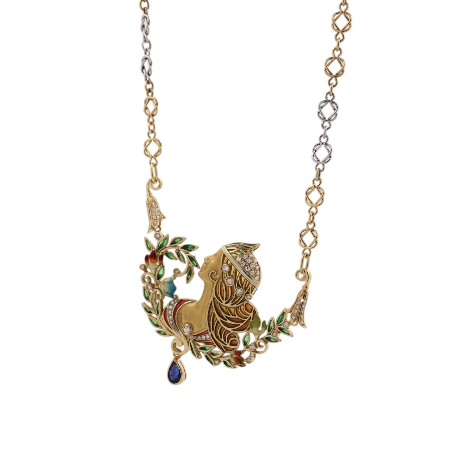 Art Nouveau Lady Enamel Diamond Sapphire Necklace 18K Gold 1.60 CTW 23"