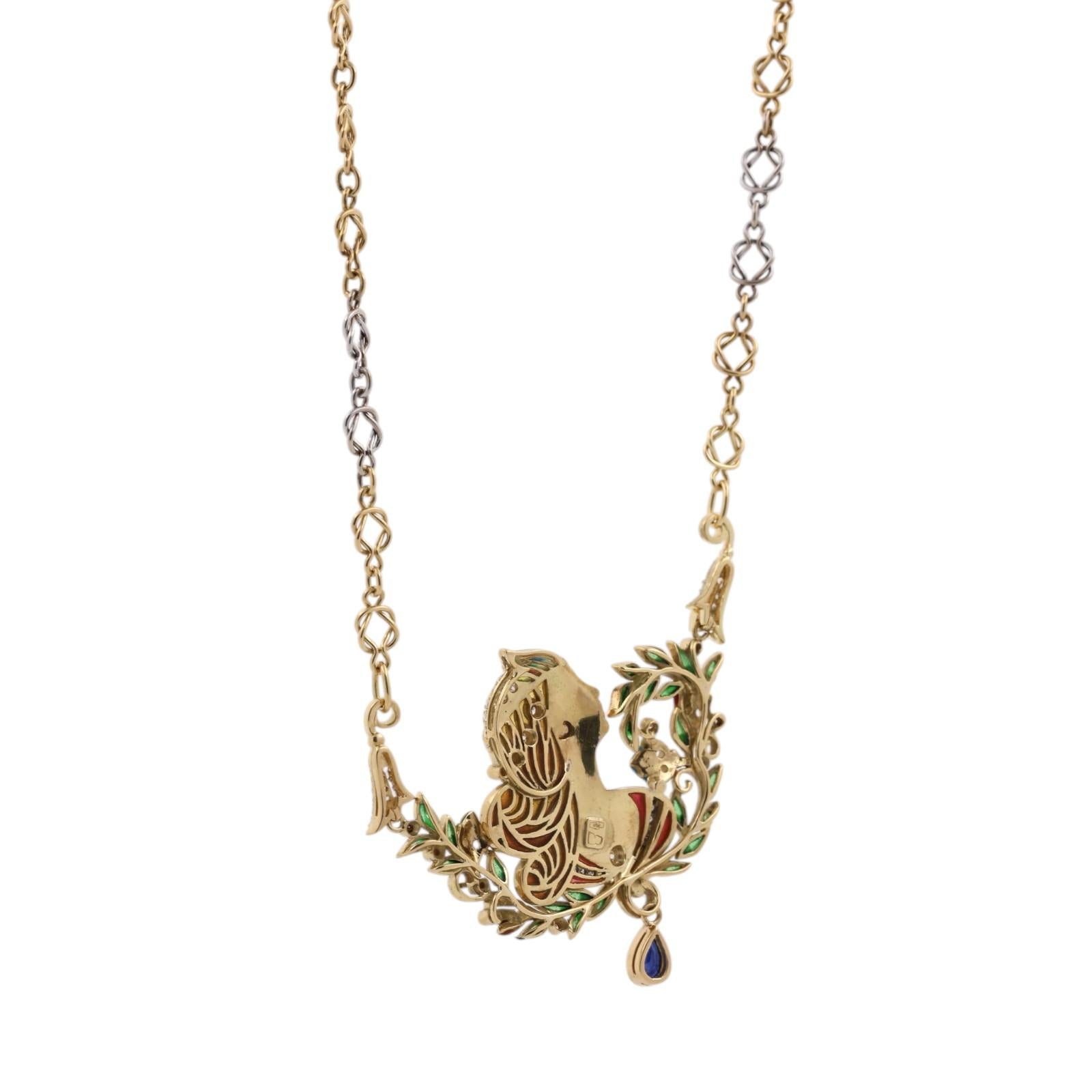 Art Nouveau Lady Enamel Diamond Sapphire Necklace 18K Gold 1.60 CTW 23"