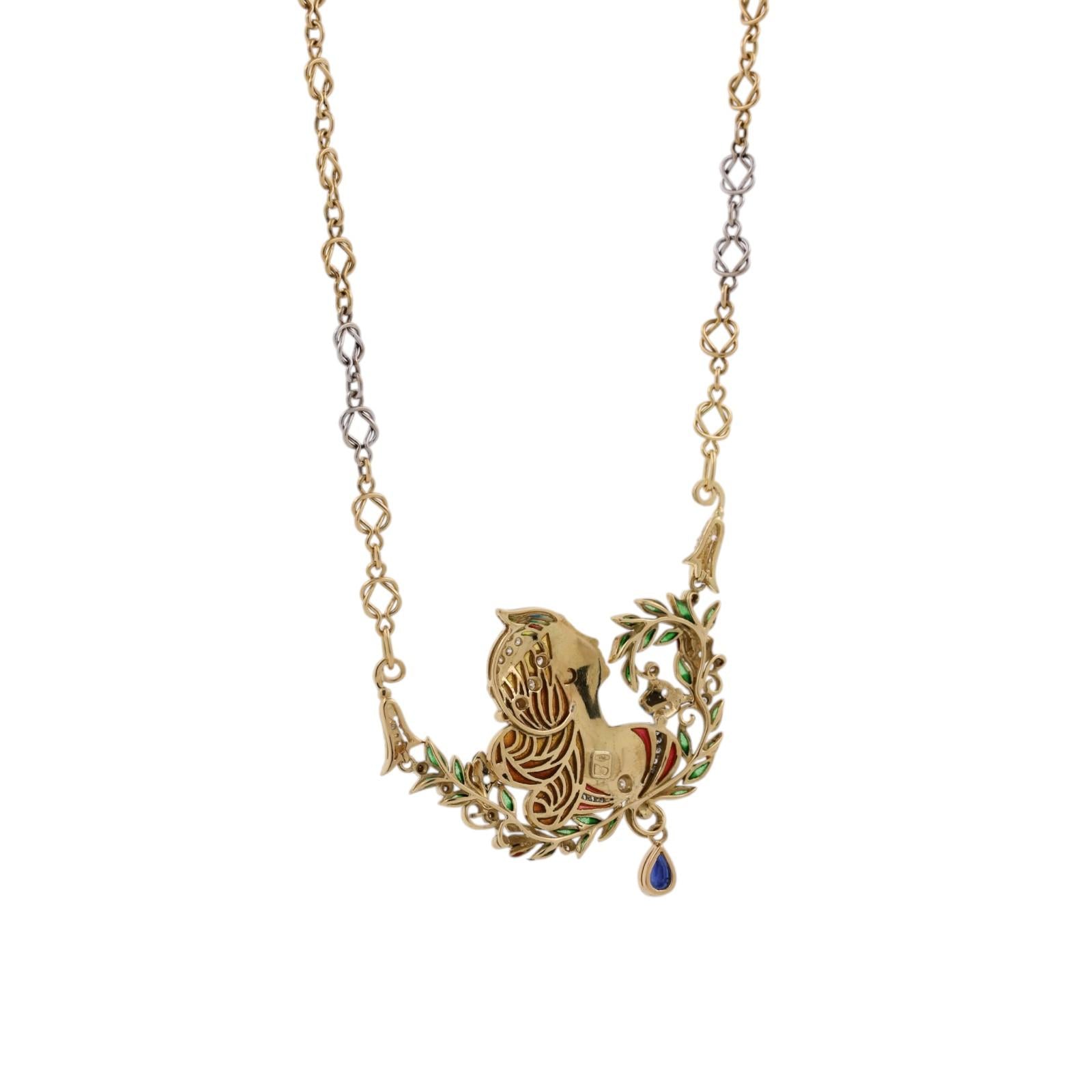 Art Nouveau Lady Enamel Diamond Sapphire Necklace 18K Gold 1.60 CTW 23"