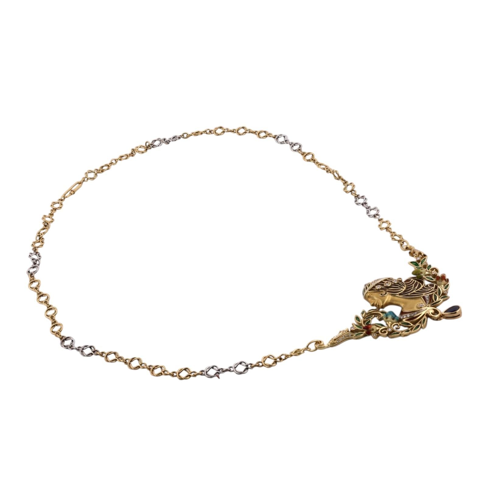 Art Nouveau Lady Enamel Diamond Sapphire Necklace 18K Gold 1.60 CTW 23"