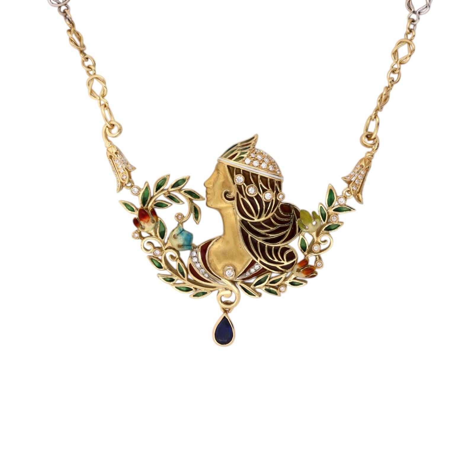 Art Nouveau Lady Enamel Diamond Sapphire Necklace 18K Gold 1.60 CTW 23"