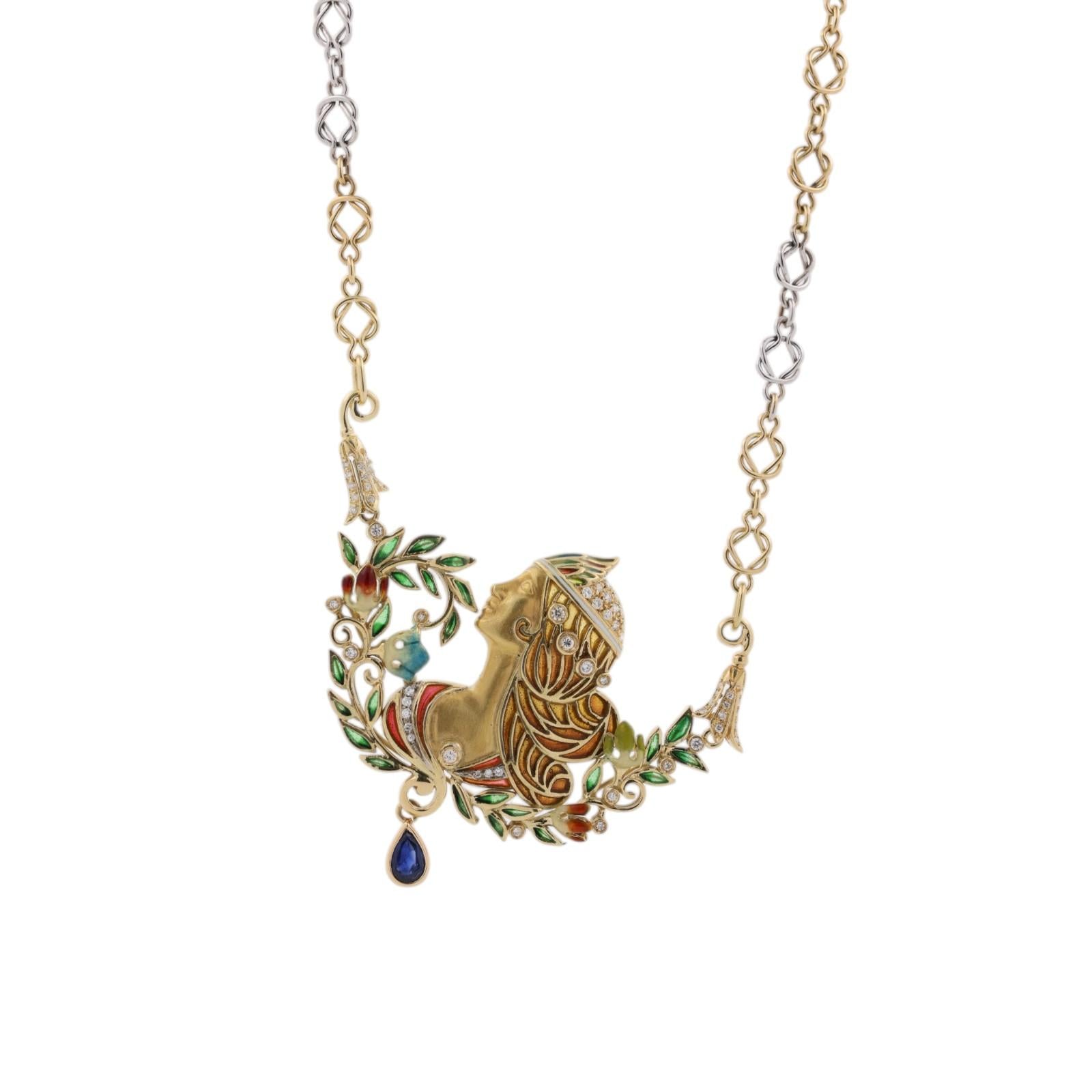 Art Nouveau Lady Enamel Diamond Sapphire Necklace 18K Gold 1.60 CTW 23"