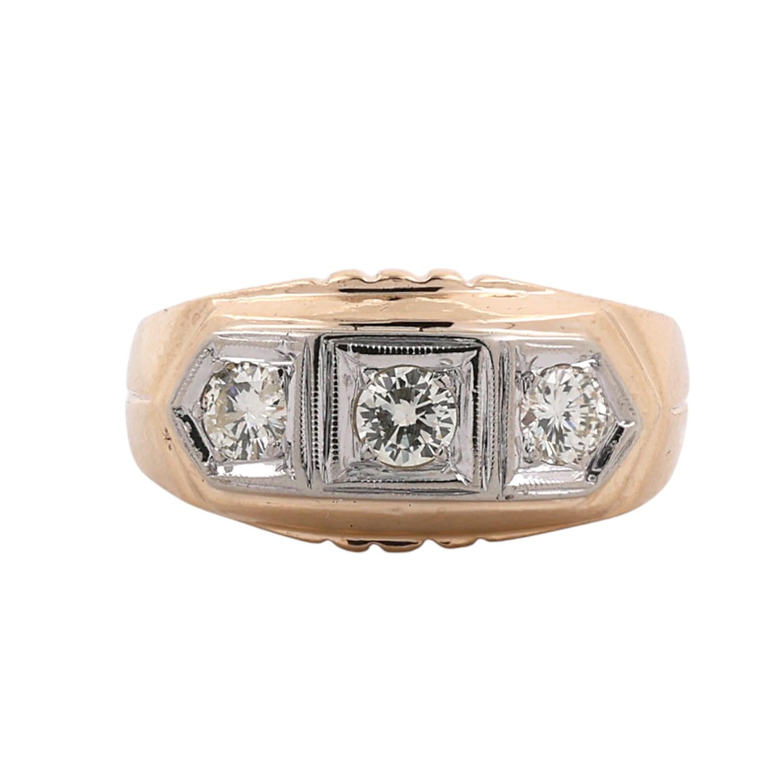 Men's 14K Two Tone Gold Natural Diamond 3 Stone Ring 0.60 CTW Size 10.25