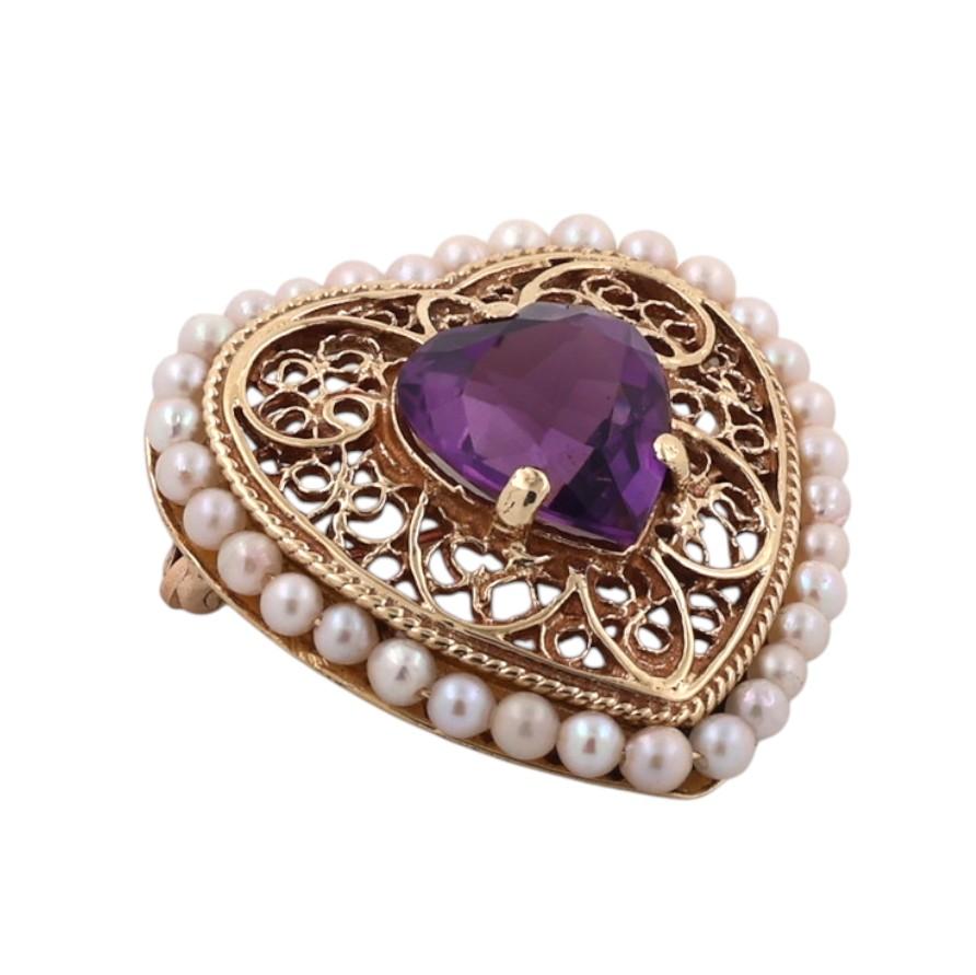 Vintage Amethyst Seed Pearl Heart Pendant Brooch Pin 14K Yellow Gold 3.30 CT