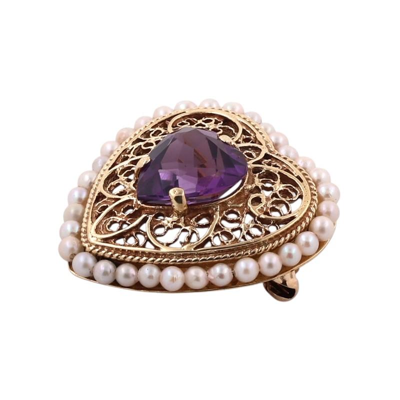 Vintage Amethyst Seed Pearl Heart Pendant Brooch Pin 14K Yellow Gold 3.30 CT