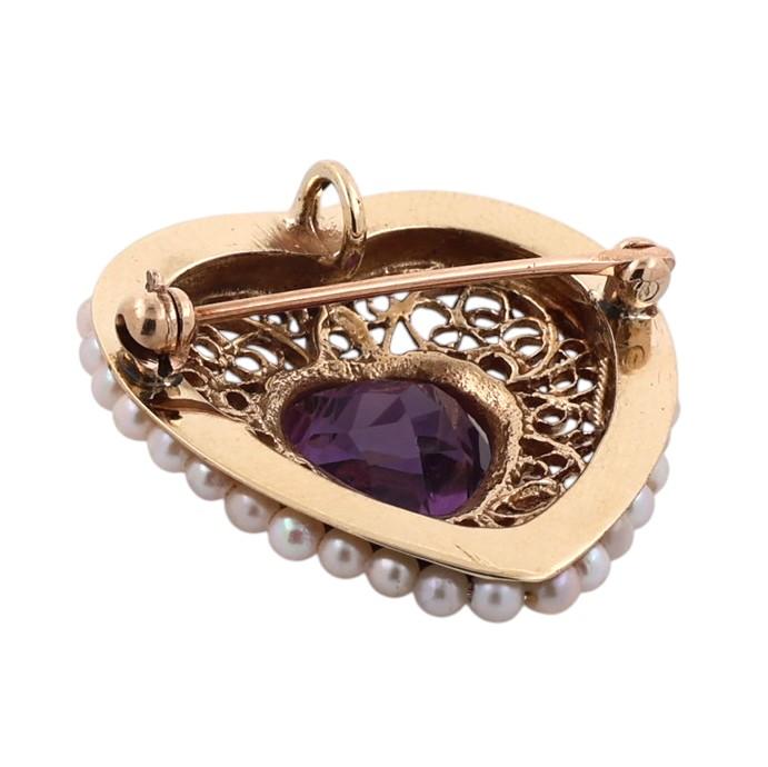Vintage Amethyst Seed Pearl Heart Pendant Brooch Pin 14K Yellow Gold 3.30 CT