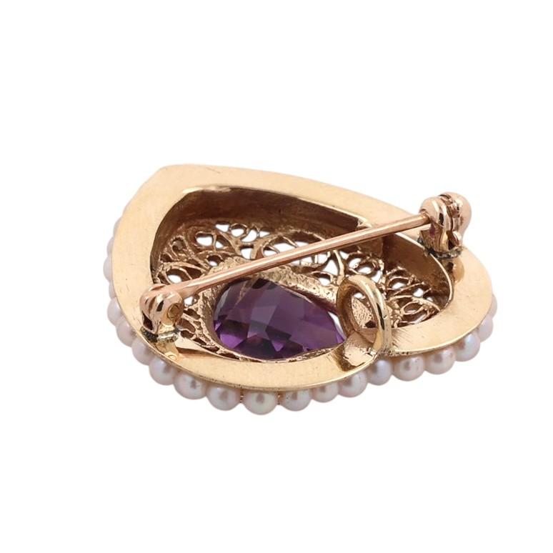 Vintage Amethyst Seed Pearl Heart Pendant Brooch Pin 14K Yellow Gold 3.30 CT