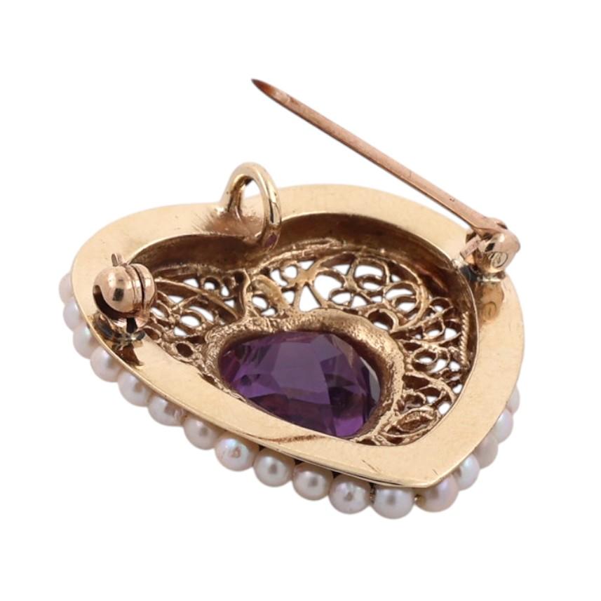 Vintage Amethyst Seed Pearl Heart Pendant Brooch Pin 14K Yellow Gold 3.30 CT