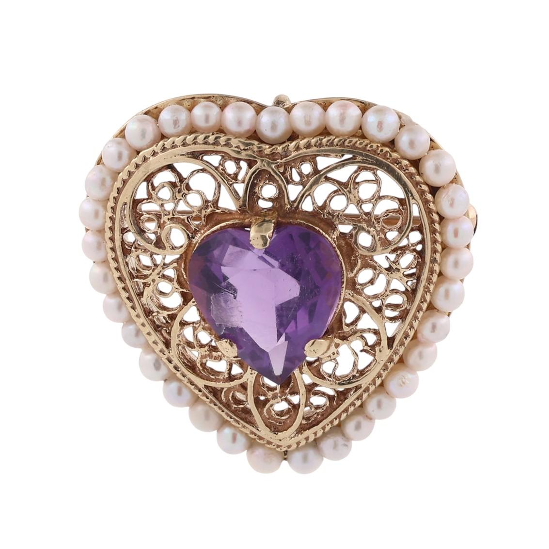 Vintage Amethyst Seed Pearl Heart Pendant Brooch Pin 14K Yellow Gold 3.30 CT