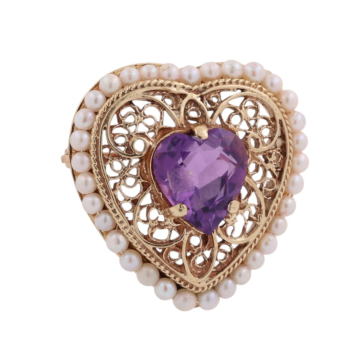 Vintage Amethyst Seed Pearl Heart Pendant Brooch Pin 14K Yellow Gold 3.30 CT