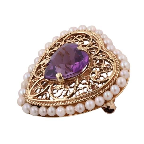 Vintage Amethyst Seed Pearl Heart Pendant Brooch Pin 14K Yellow Gold 3.30 CT
