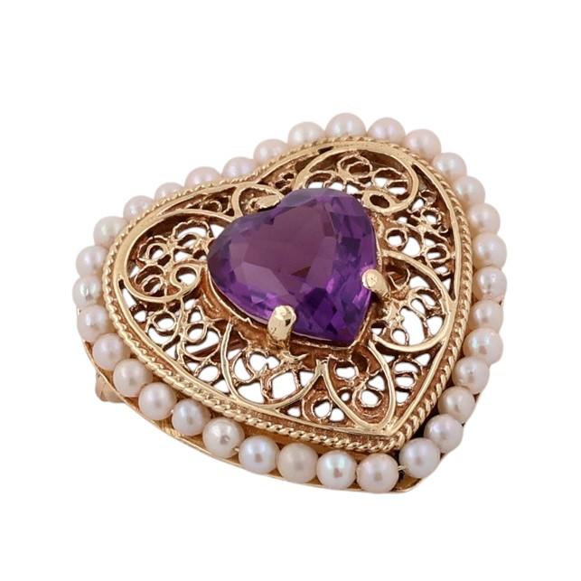 Vintage Amethyst Seed Pearl Heart Pendant Brooch Pin 14K Yellow Gold 3.30 CT