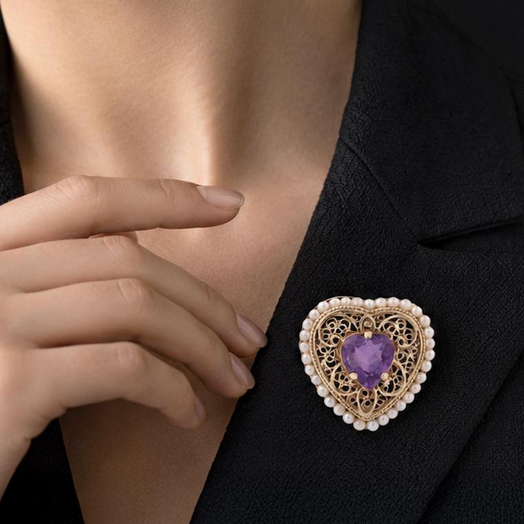 Vintage Amethyst Seed Pearl Heart Pendant Brooch Pin 14K Yellow Gold 3.30 CT