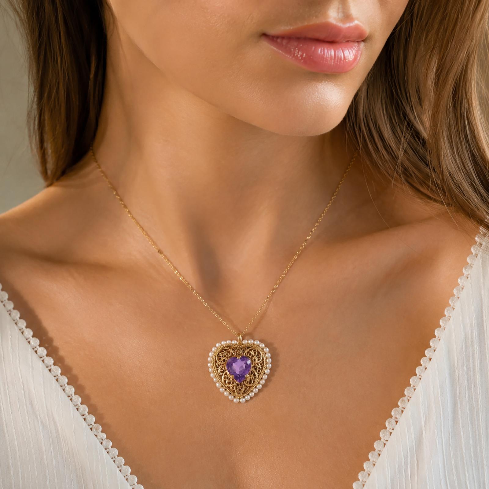 Vintage Amethyst Seed Pearl Heart Pendant Brooch Pin 14K Yellow Gold 3.30 CT