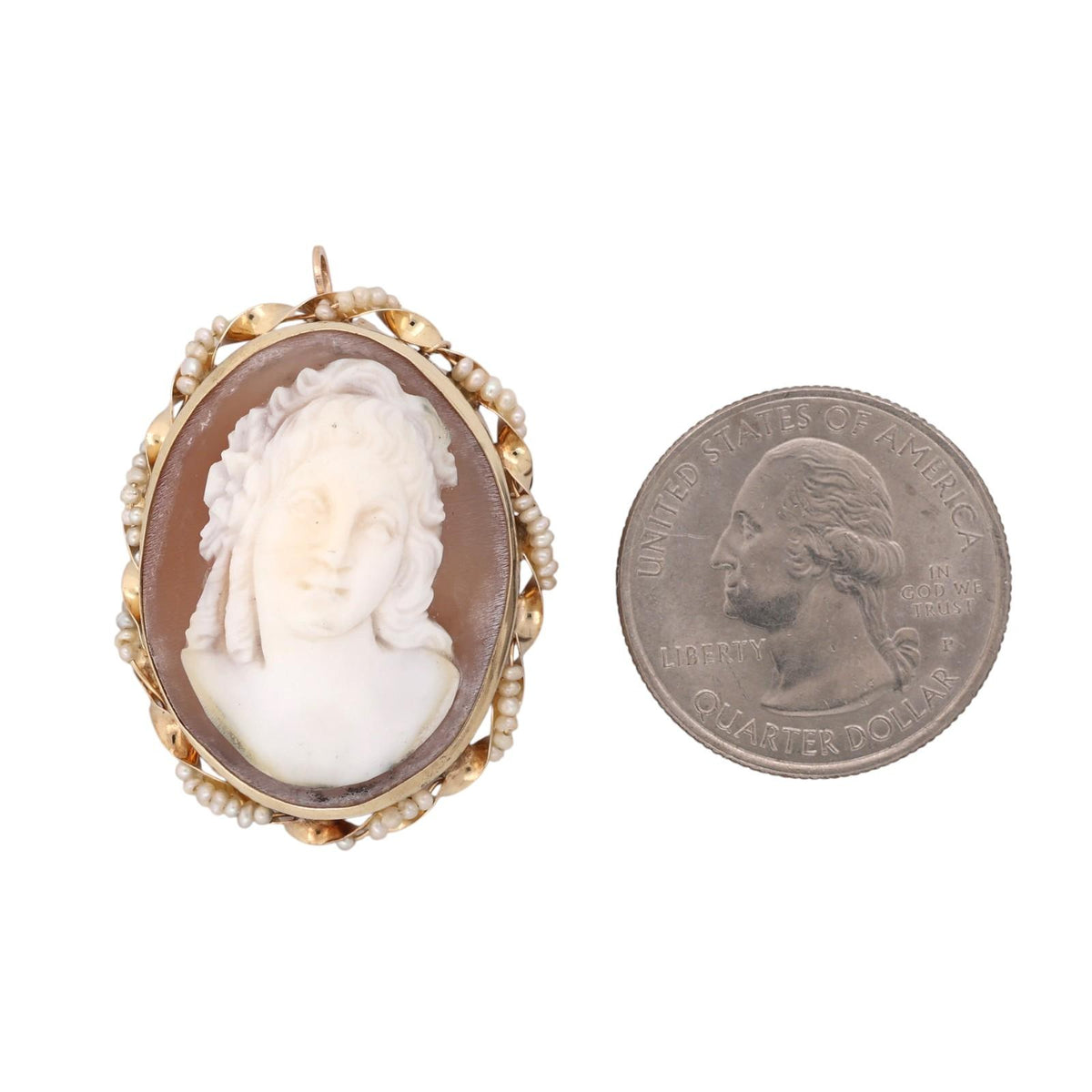 Antique Shell Cameo Seed Pearl Brooch Pendant Yellow Gold Victorian Estate
