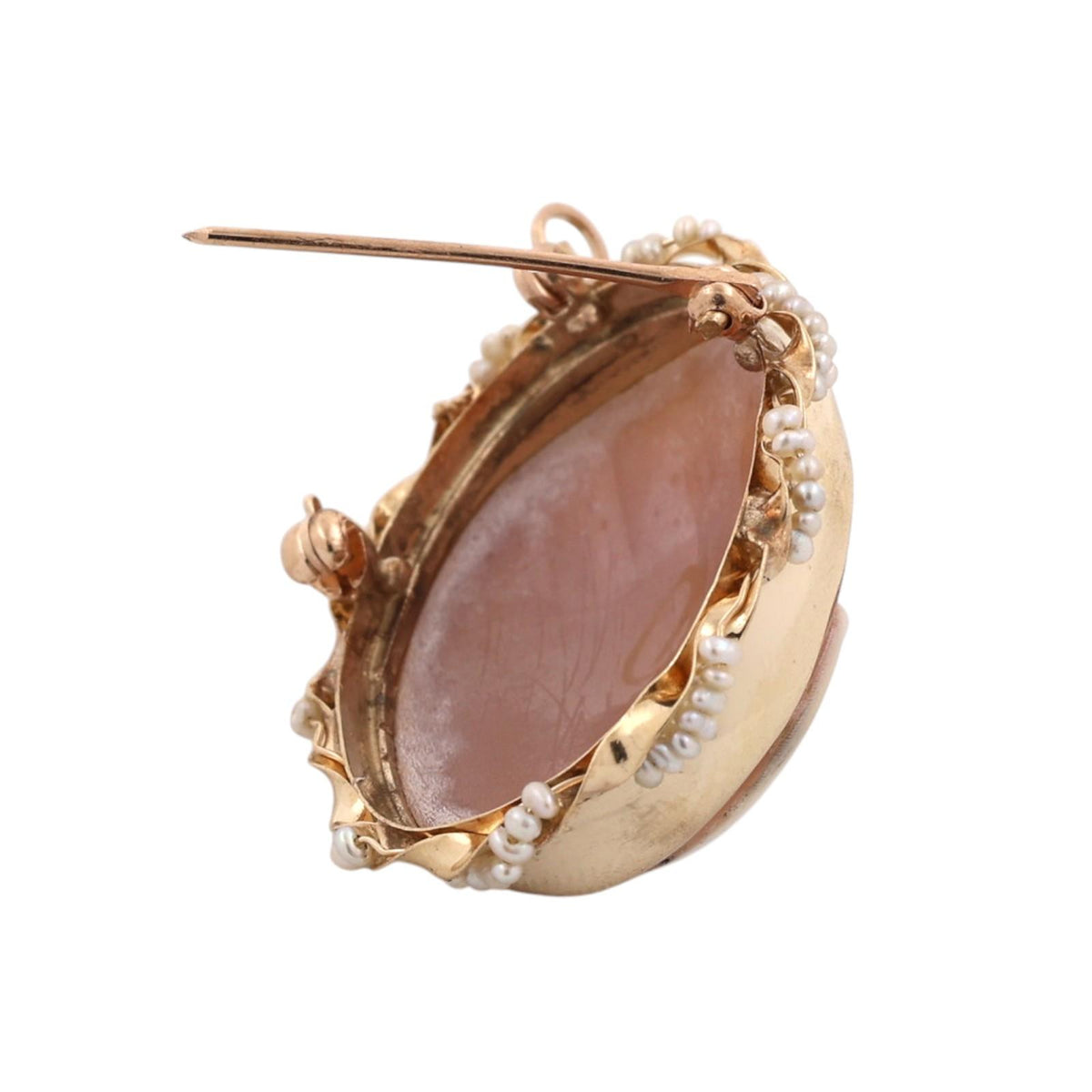 Antique Shell Cameo Seed Pearl Brooch Pendant Yellow Gold Victorian Estate