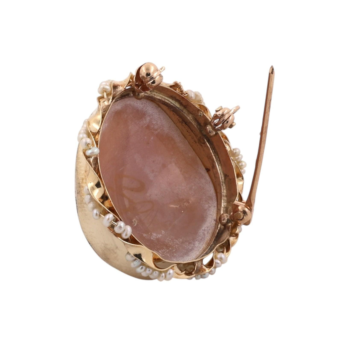Antique Shell Cameo Seed Pearl Brooch Pendant Yellow Gold Victorian Estate