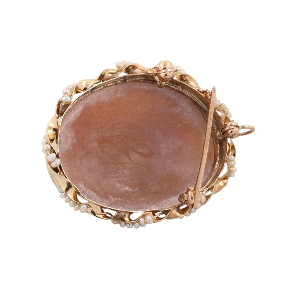 Antique Shell Cameo Seed Pearl Brooch Pendant Yellow Gold Victorian Estate