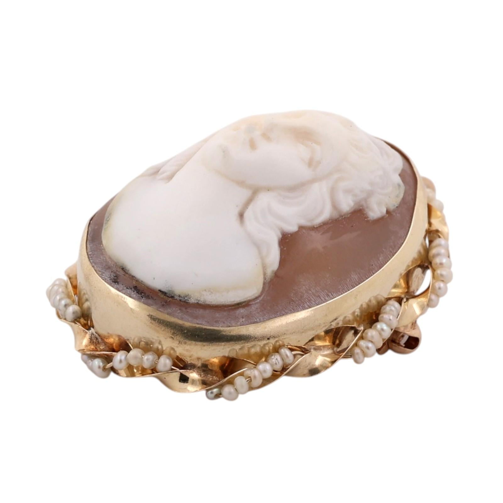 Antique Shell Cameo Seed Pearl Brooch Pendant Yellow Gold Victorian Estate