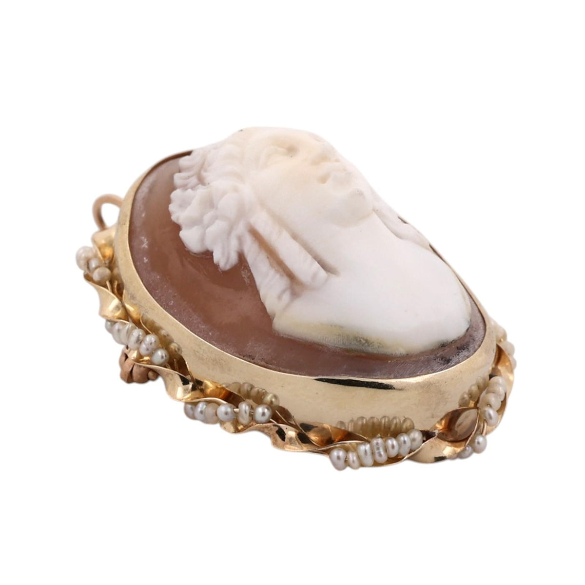Antique Shell Cameo Seed Pearl Brooch Pendant Yellow Gold Victorian Estate