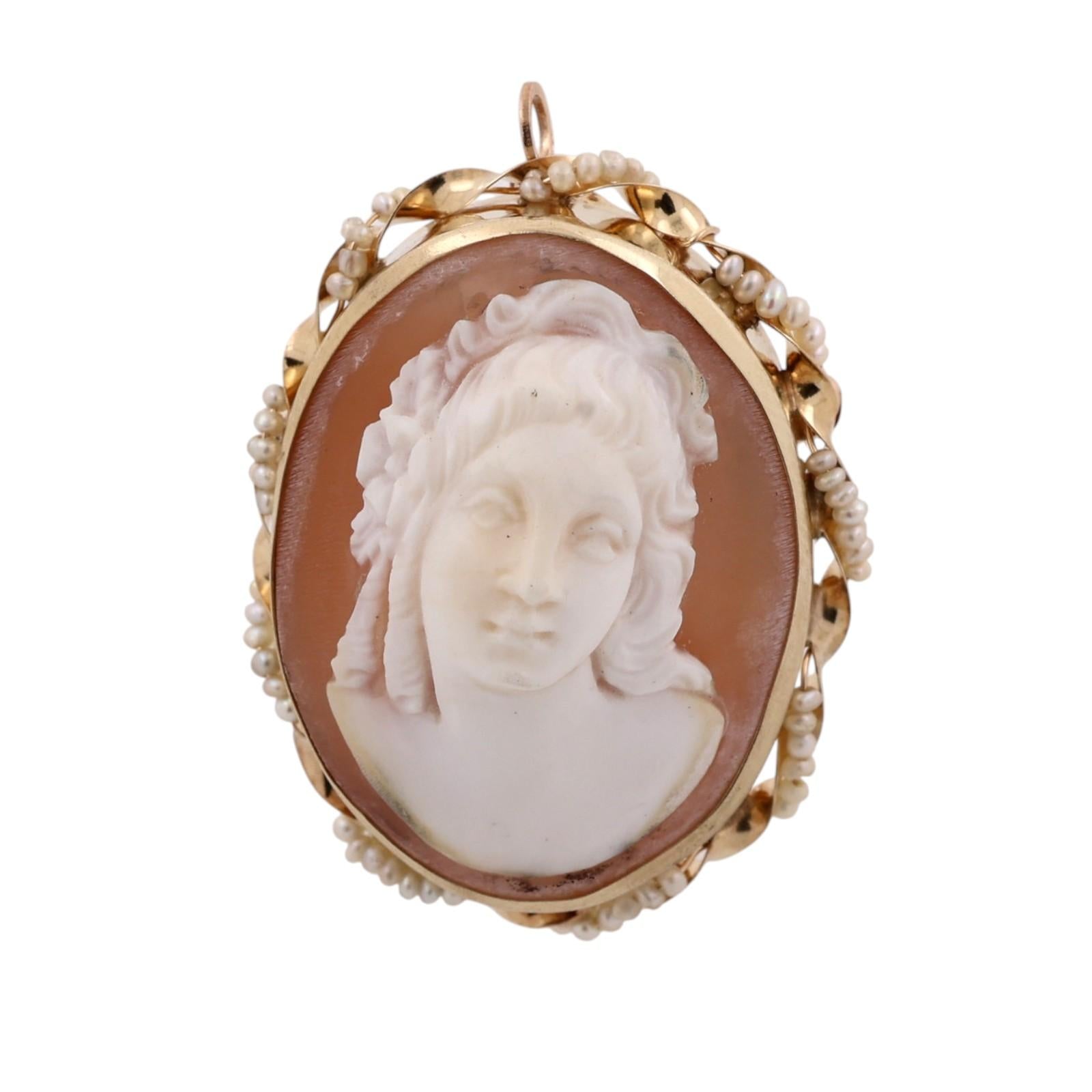 Antique Shell Cameo Seed Pearl Brooch Pendant Yellow Gold Victorian Estate