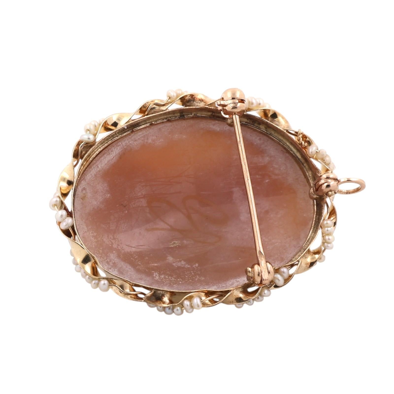 Antique Shell Cameo Seed Pearl Brooch Pendant Yellow Gold Victorian Estate