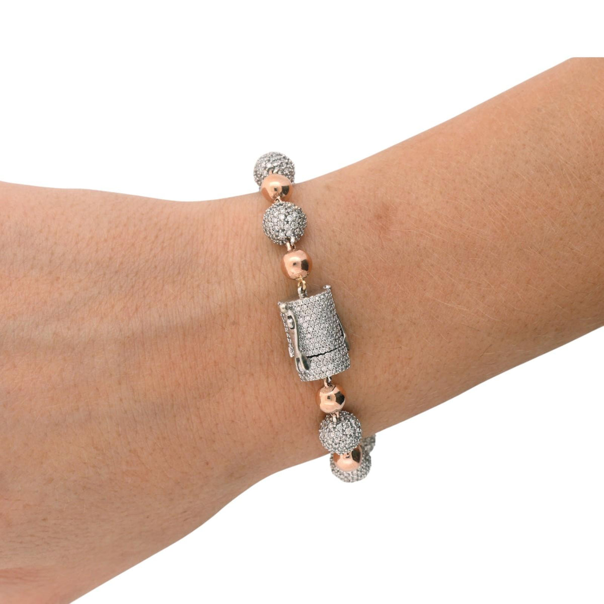 Natural Diamond Pave Ball Bracelet 10K Rose White Gold 8.00 CTW 8" 31.6g