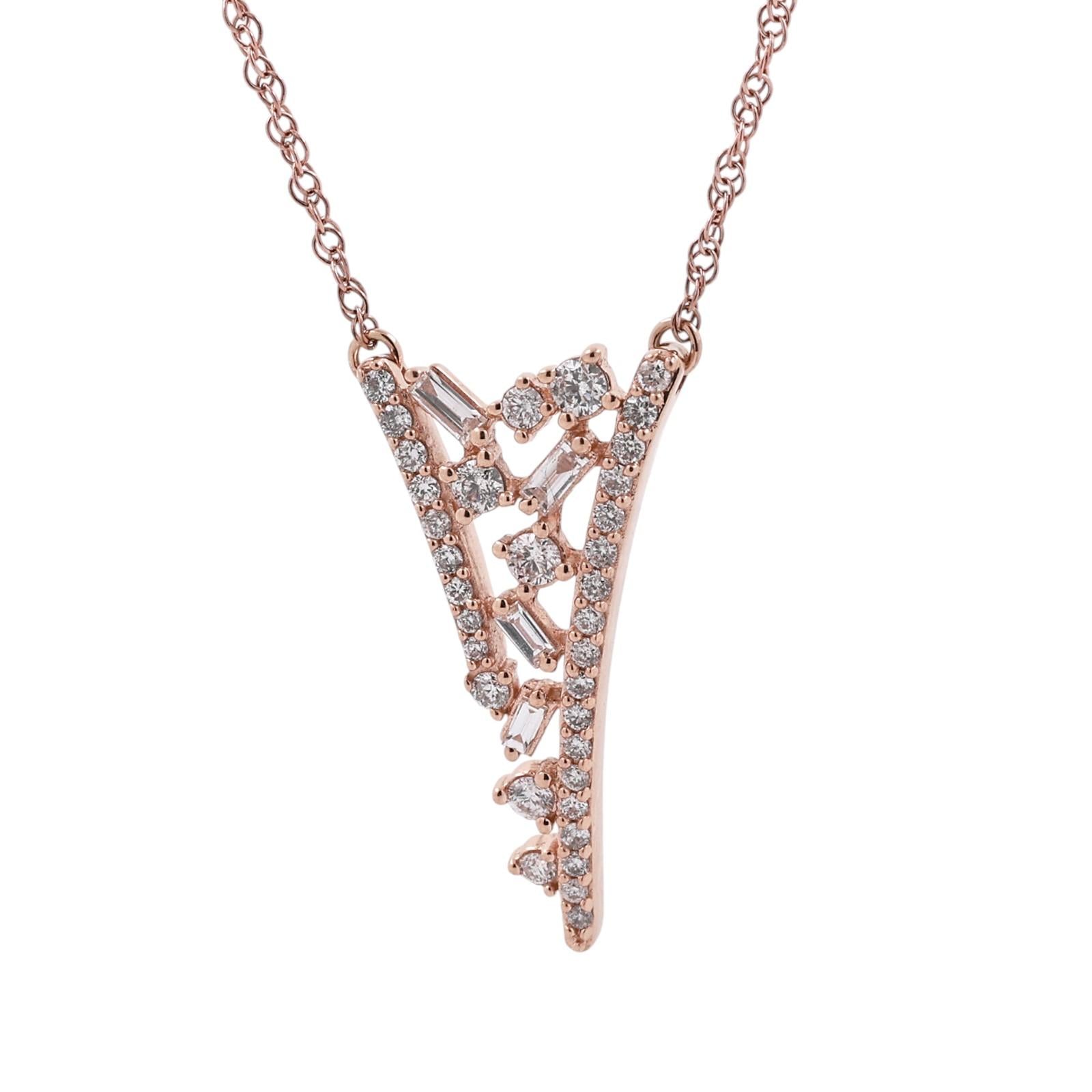 10K Rose Gold 0.40CTW Diamond Open V Pendant Necklace Round Baguette 18.25"