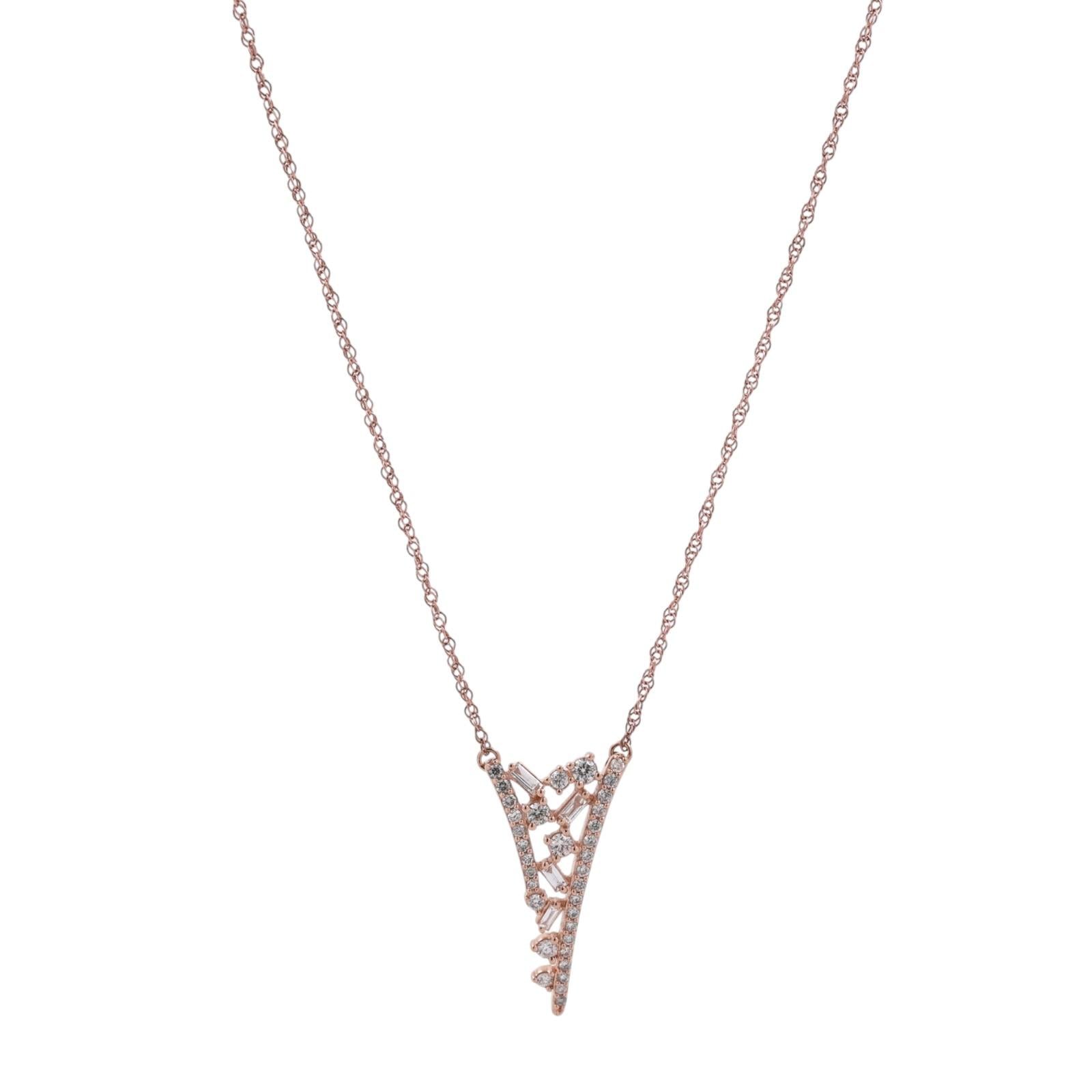 10K Rose Gold 0.40CTW Diamond Open V Pendant Necklace Round Baguette 18.25"