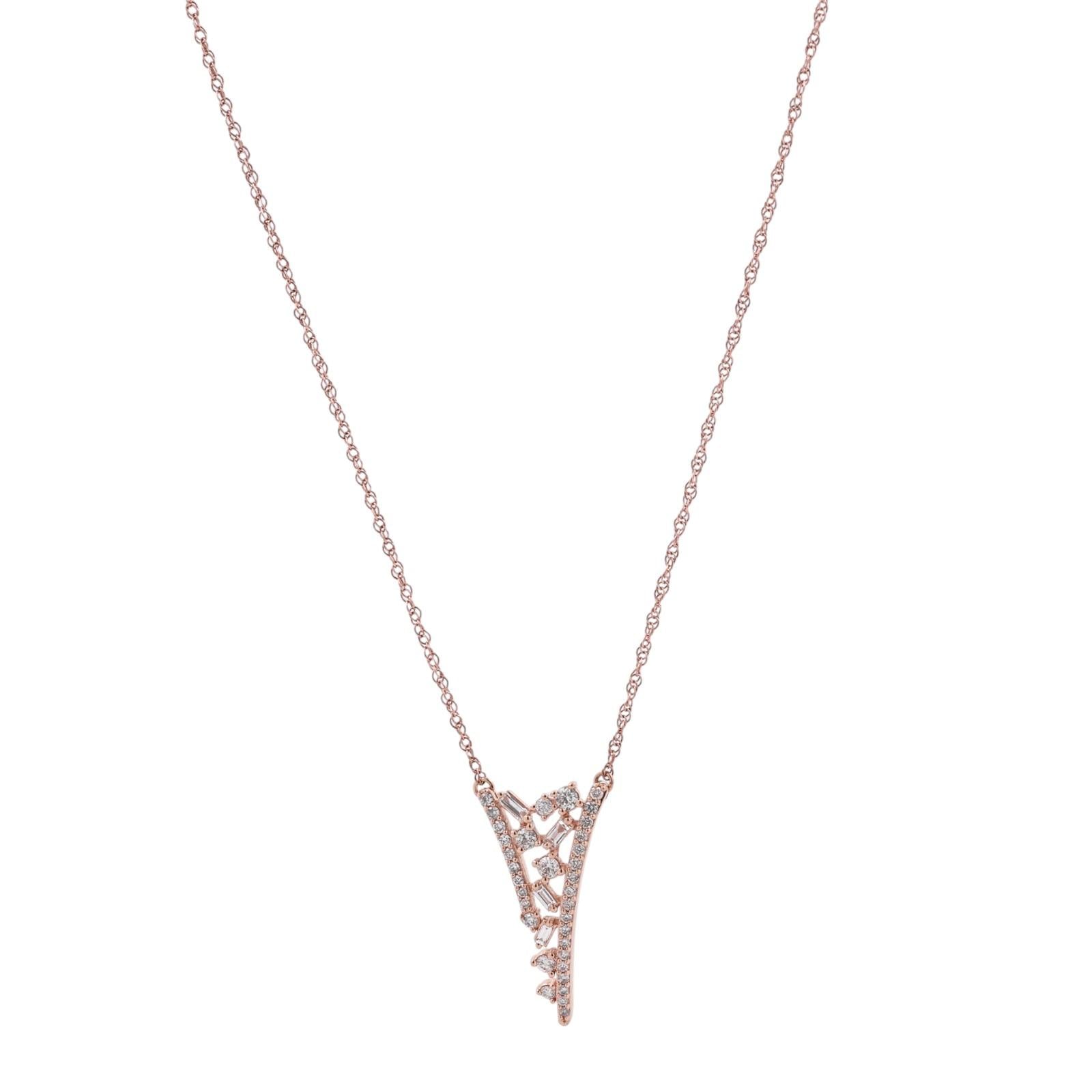10K Rose Gold 0.40CTW Diamond Open V Pendant Necklace Round Baguette 18.25"