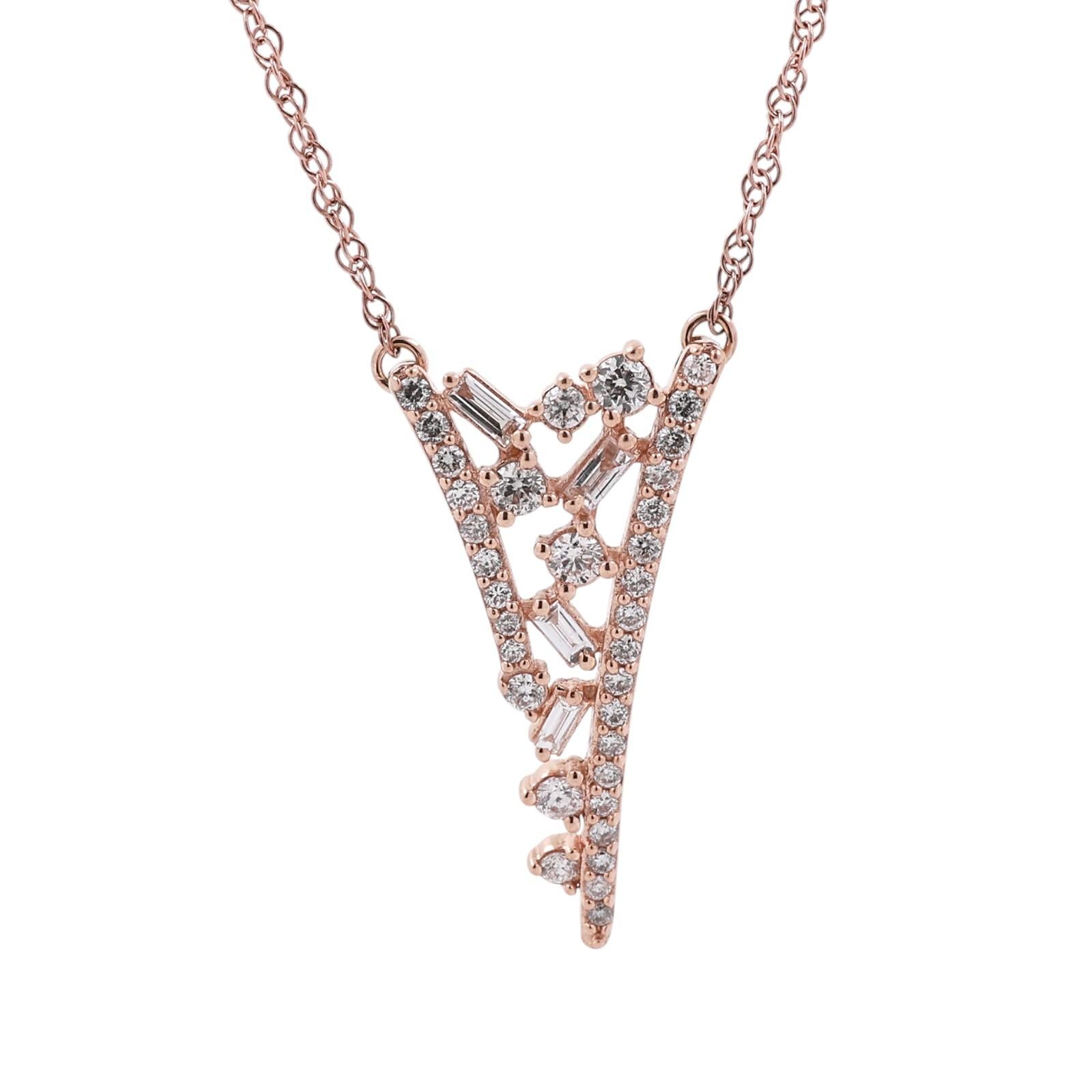 10K Rose Gold 0.40CTW Diamond Open V Pendant Necklace Round Baguette 18.25"