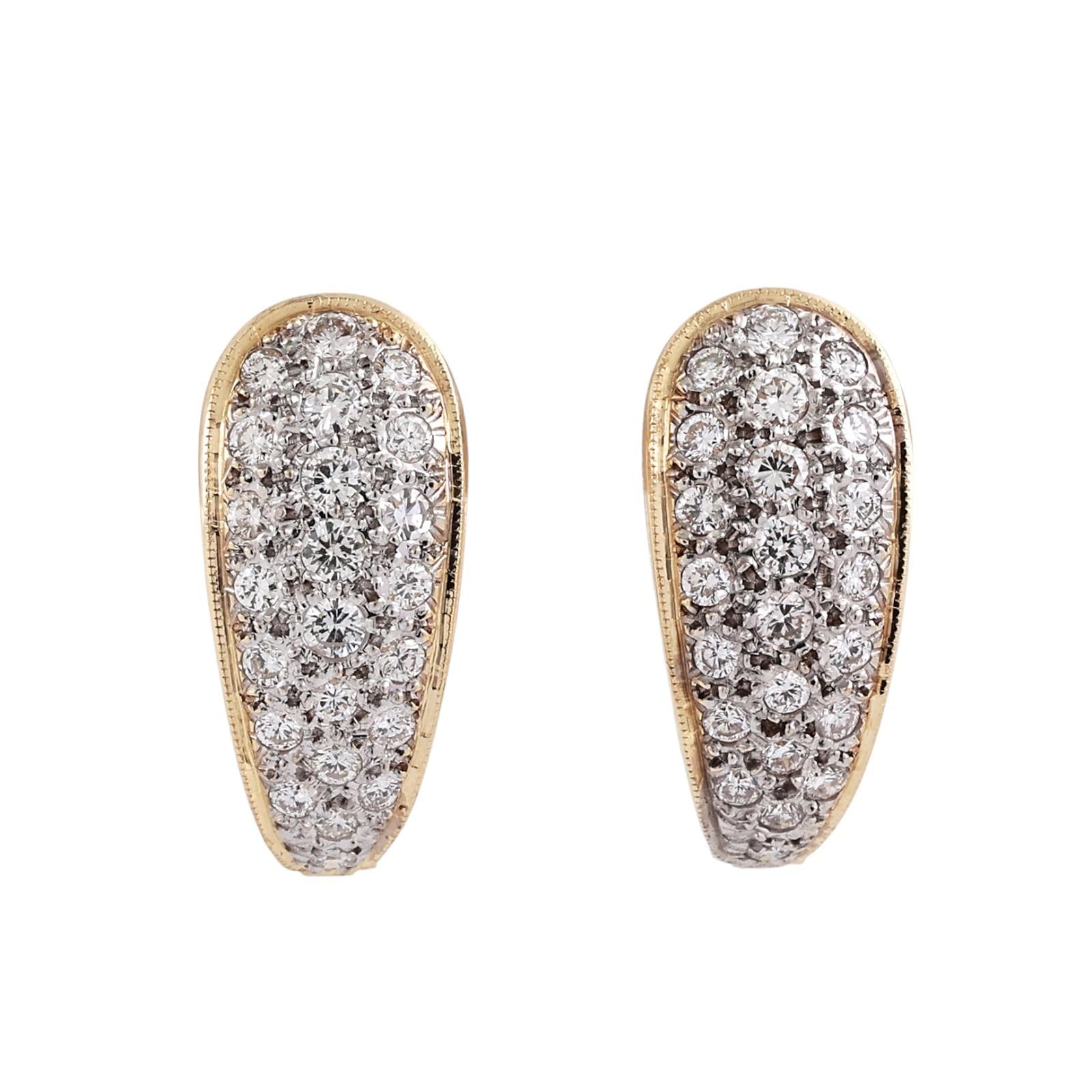 2.75CTW Diamond Hoop Earrings 14K Two Tone Gold Pave Estate Omega Back Ladies