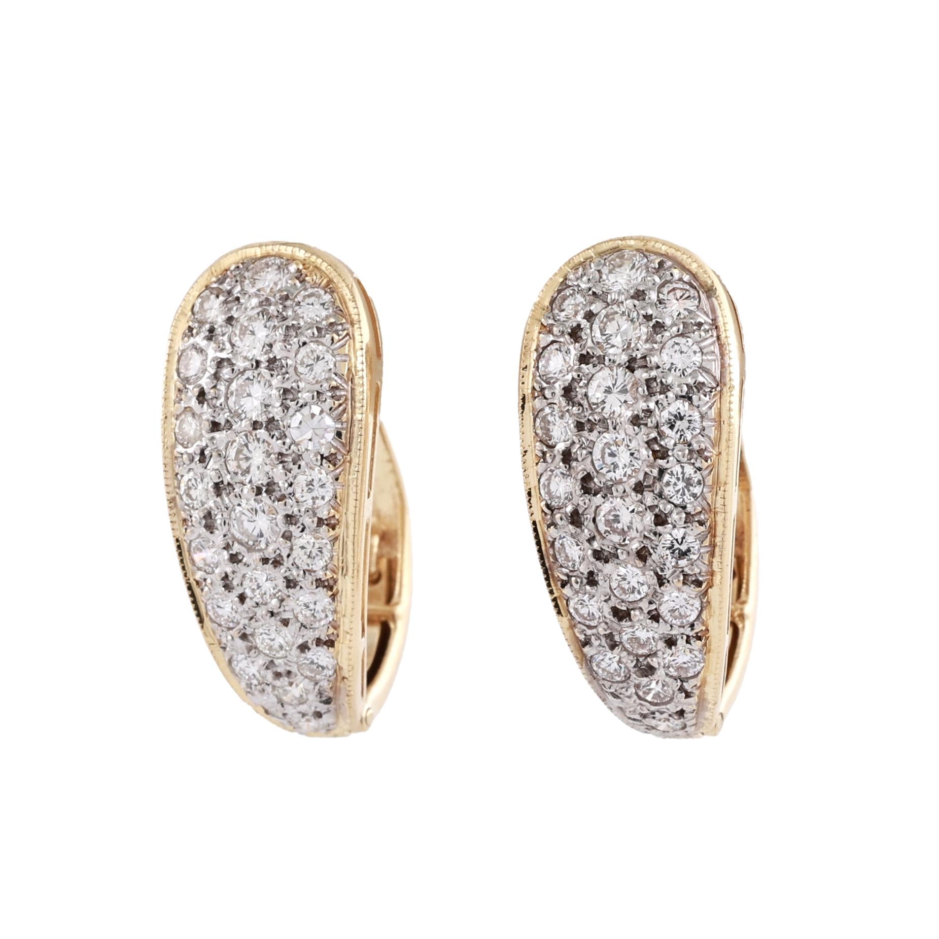 2.75CTW Diamond Hoop Earrings 14K Two Tone Gold Pave Estate Omega Back Ladies